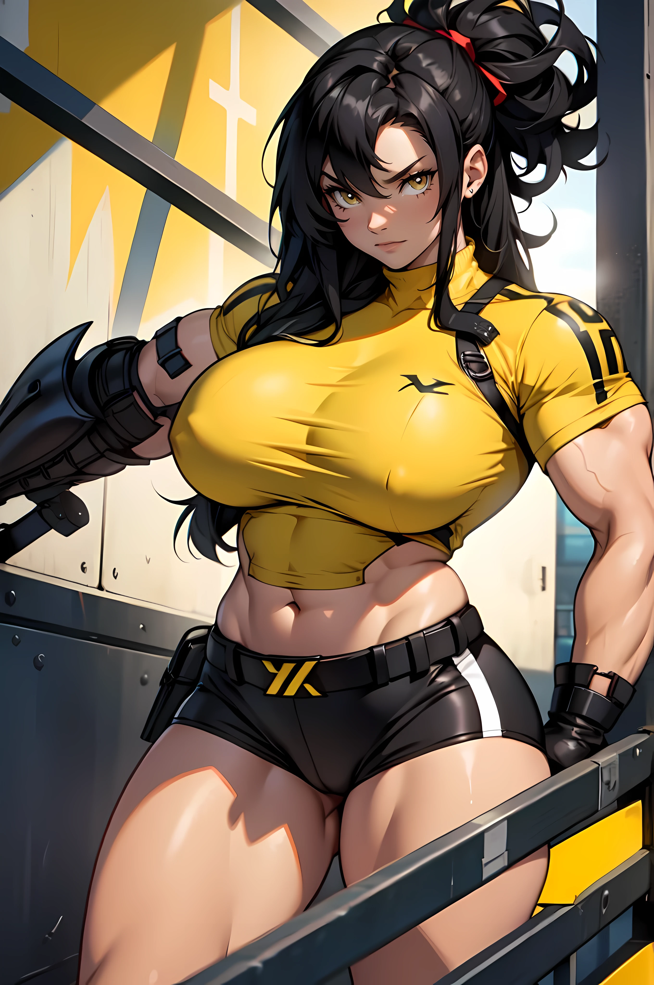 solo muscular thick thighs huge breasts black hair yellow eyes