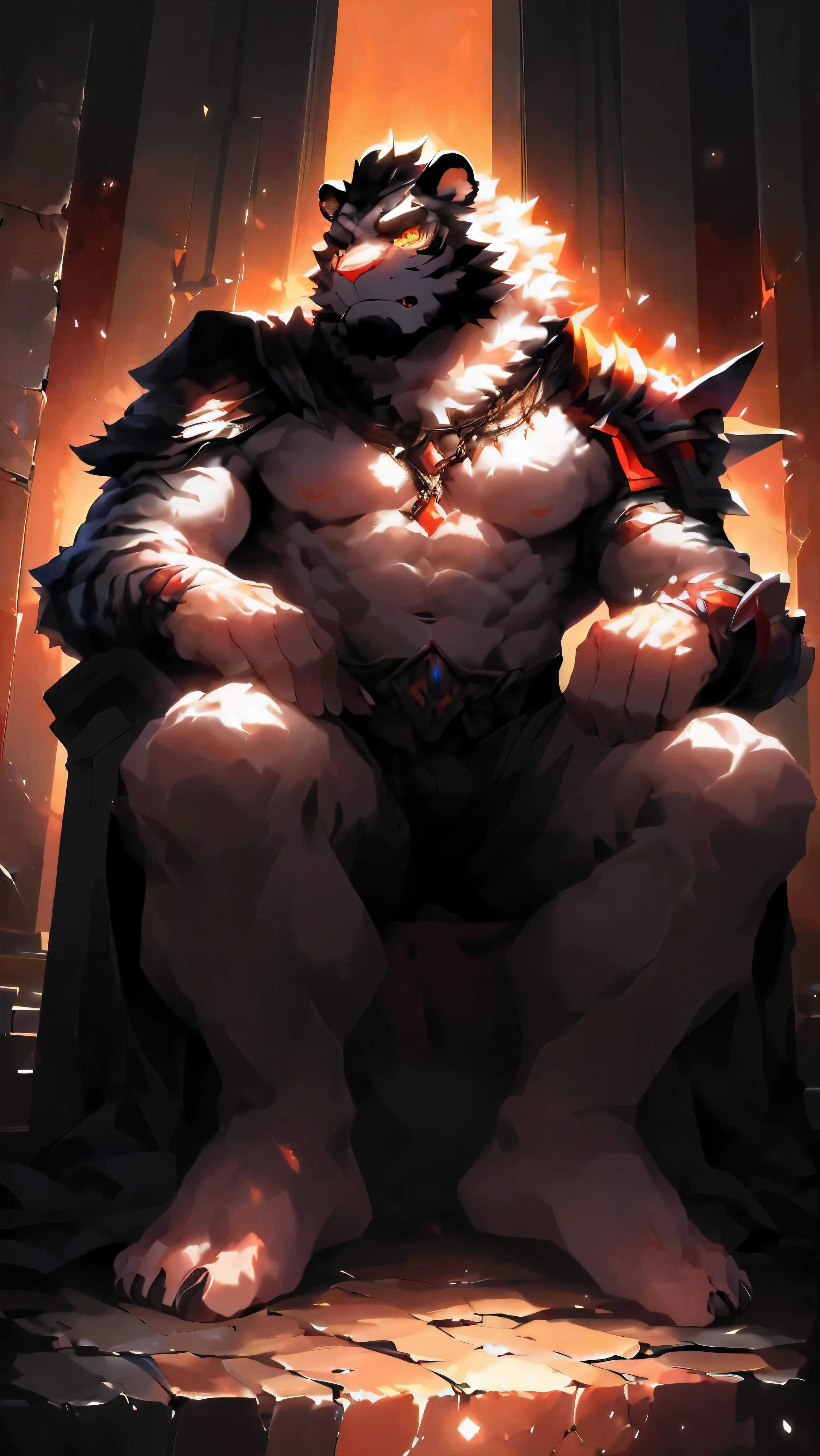 White Tiger，whole body，white fur，black strips，male，uncle，General，Mature，tough guy，rude person，majesty，domineering，tall and strong，Physically strong，Large pecs，8 pack abs，light golden pupils，black hair，beard，topless，barefoot，Theropods，armor，sit on the throne，Lift one foot close to the camera，erect，Tempting，