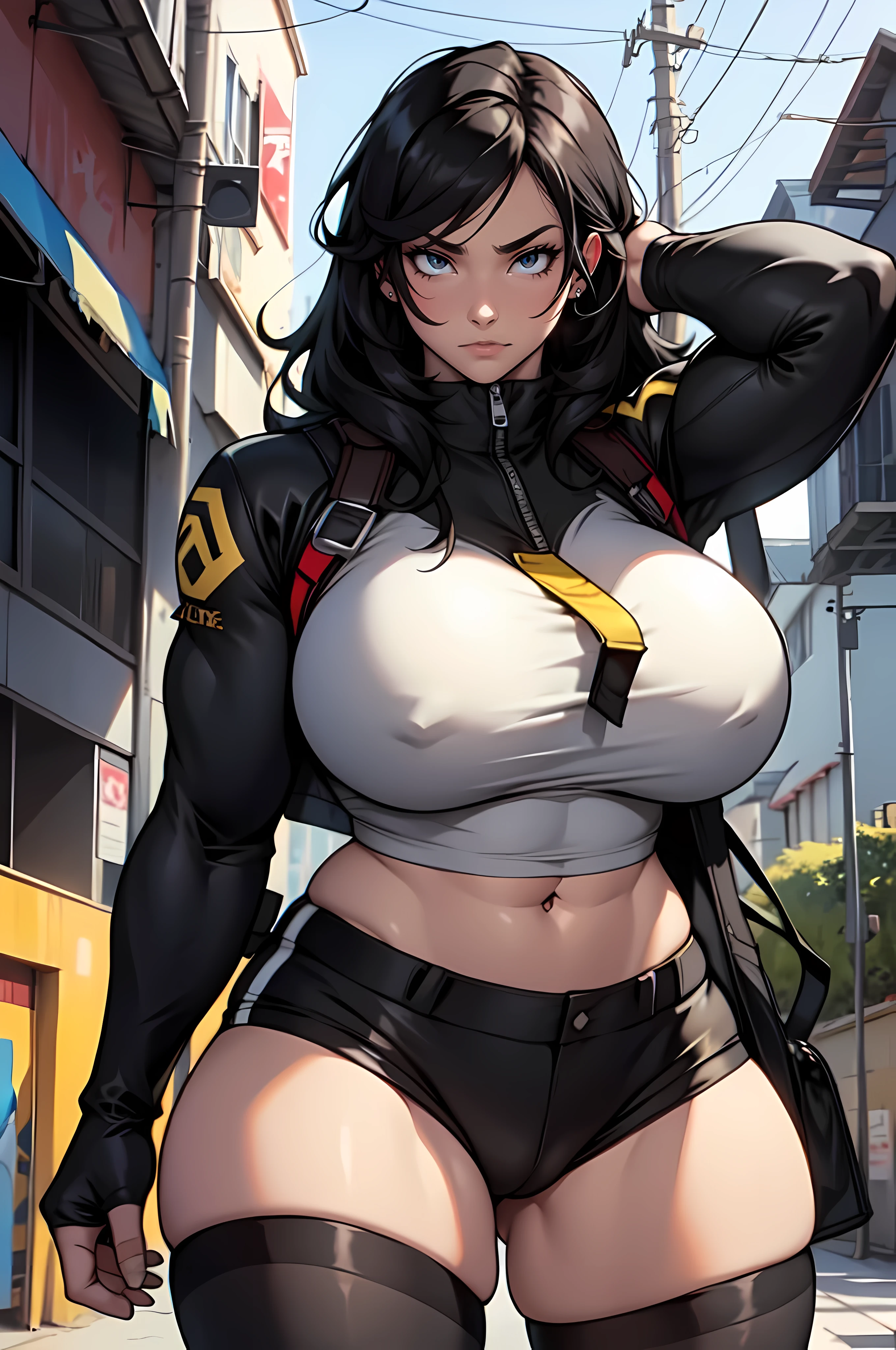 solo muscular thick thighs huge breasts black hair yellow eyes