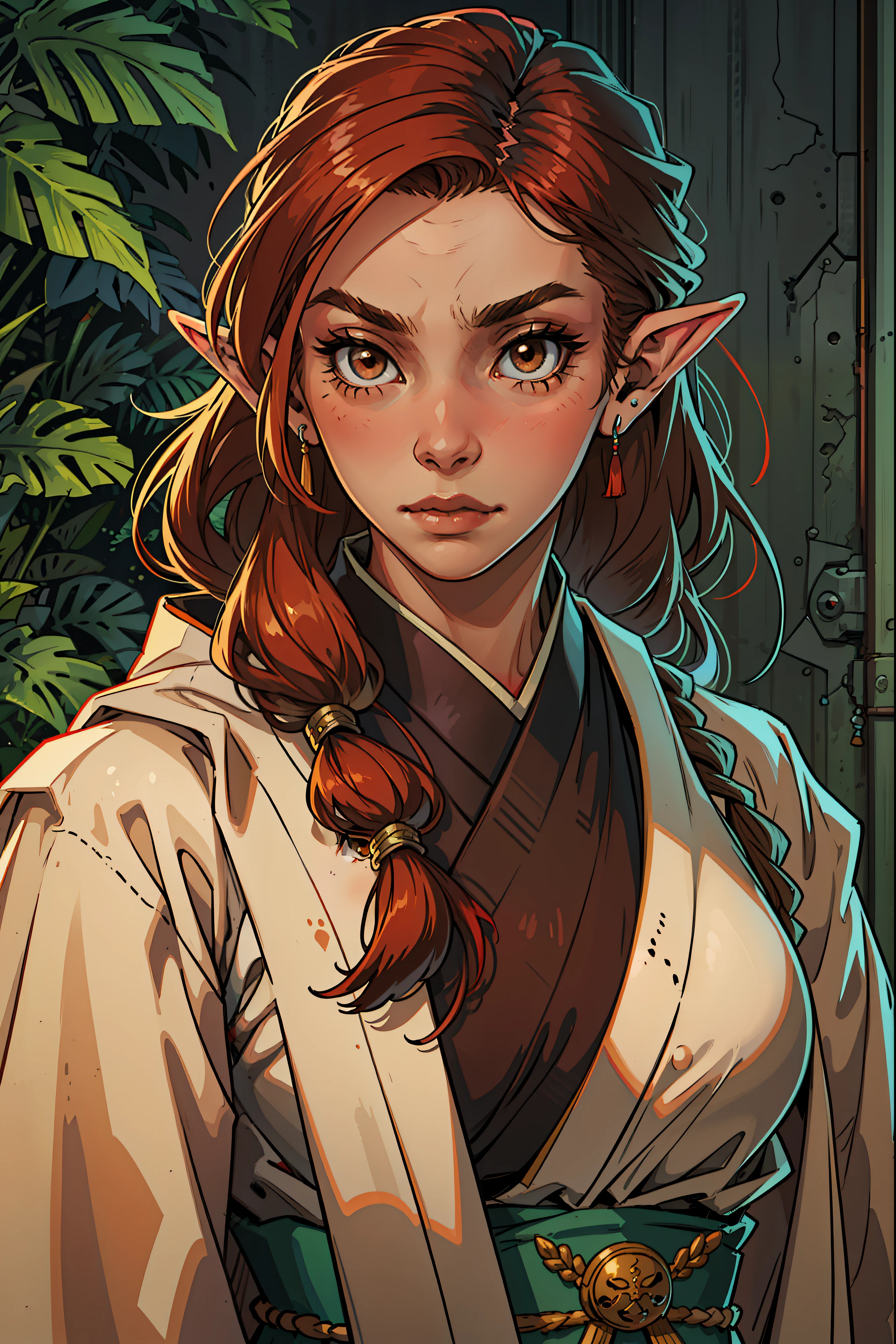 SeaArt Txt2Img Robot 00:46:35 young and serene face, brown or blond hair and brown eyes,elf ears ,kimono , samurai,long hair,big tits, red hair