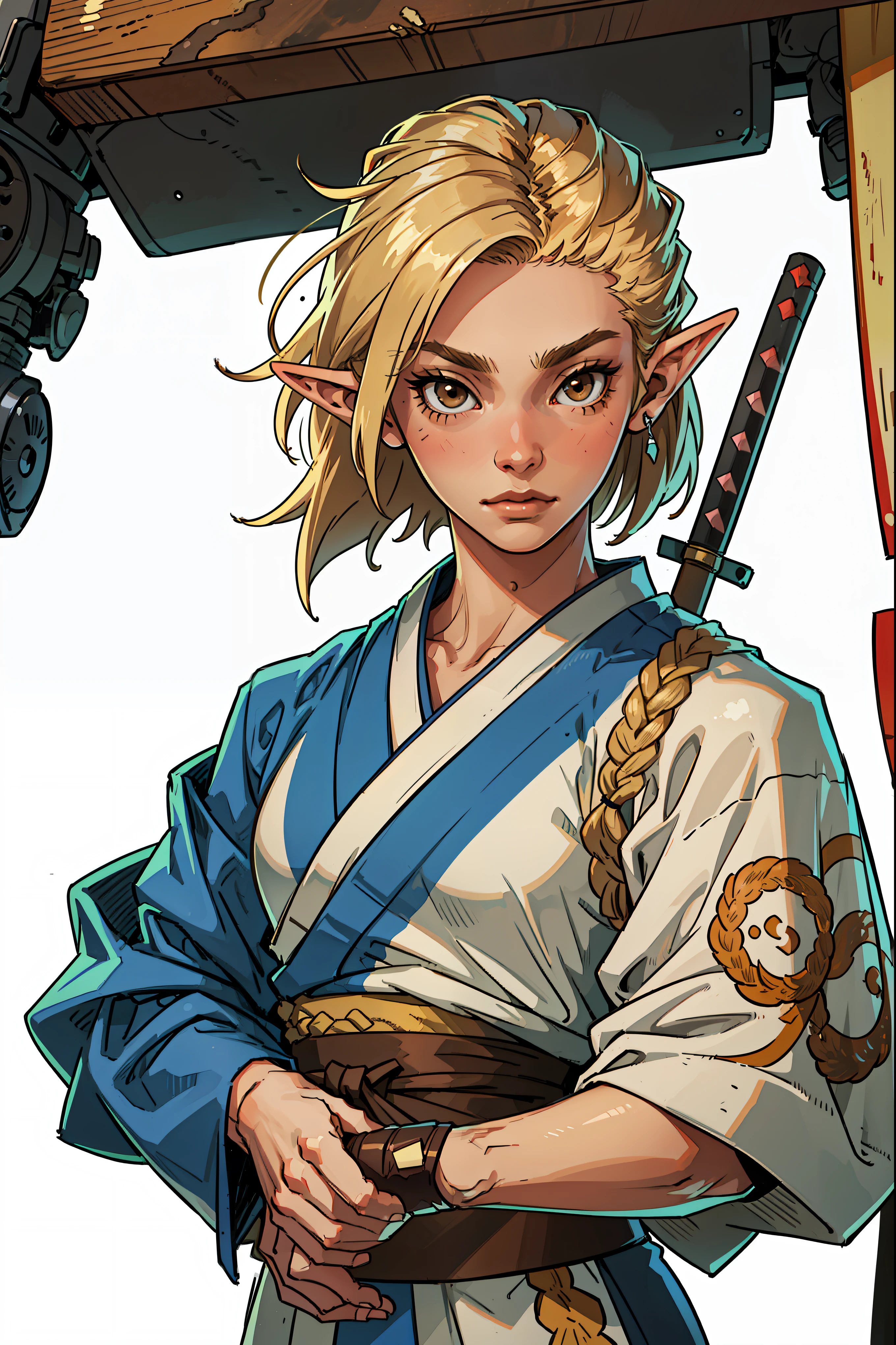 SeaArt Txt2Img Robot 00:46:35 young and serene face, brown or blond hair and brown eyes,elf ears ,kimono , samurai,full body sharp eyes