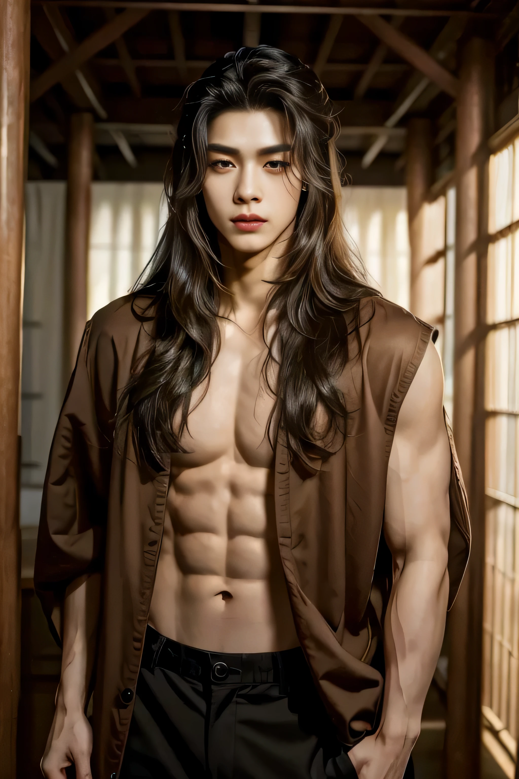 masterpiece, best quality, handsome Asian mixed 19 year old, fair skin male, long dark hair, perfect face, chest out, slender, masculine, long hair