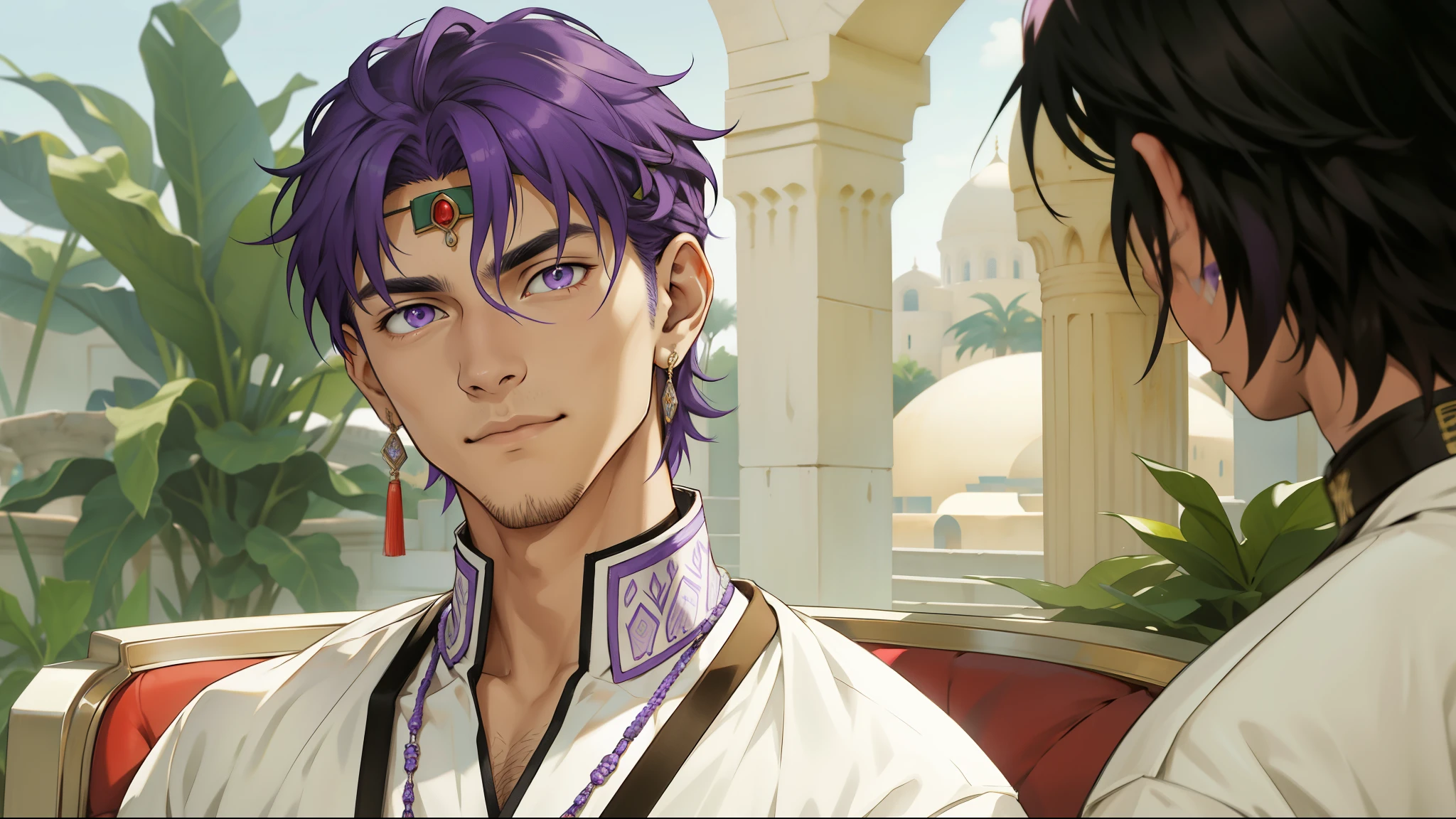 There is a 15-year-old Arab prince sitting talking to a purple-haired woman., de fondo se ven lujoso palacio, tiene ojos verdes y parte de su cabello es de color blanco