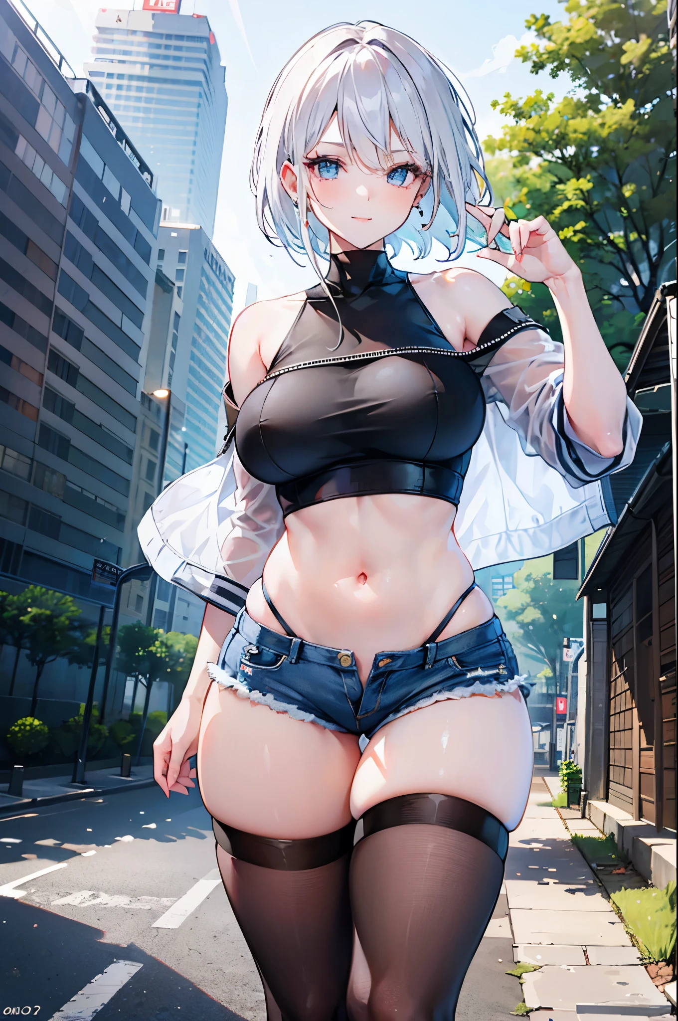 realistic image, coherent image, detailed image, 1 beautiful girl. She has short, white hair. Her eyes are blue, long eyelashes. Her face is oval and delicate, smiling. She is wearing a long-sleeved off-the-shoulder t-shirt, showing her navel, ripped shorts, and mid-thigh stockings. She has a curvy body, medium breasts, thick thighs. sexy pose. Background of destroyed buildings, surrounded by nature, natural lighting, volumetric lighting,