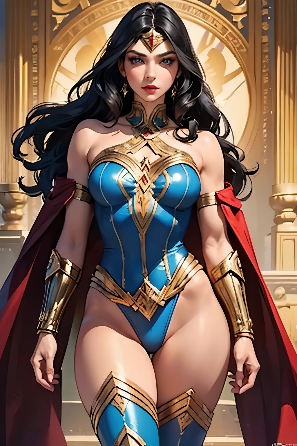 1 scandansvian woman, Wonder Woman, iconic standing pose with flowing black hair, intense and serious look (intricate details, flawless makeup), delicate and beautiful face with delicate and expressive eyes, perfectly proportioned and symmetrical features, authentically textured skin, strong and realistic blue eyes, realistic curly black hair, defined lips with natural color lipstick, intricately detailed tiara and jewelry adornments, star symbol prominently displayed, leotard form-fitting to muscular body, bulletproof gauntlets and red boots, golden girdle, sun-kissed shoulders, and a slightly sunburned, toned, mature, and sexy physique, showcasing well