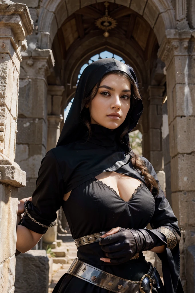 Obra maestra, una mujer hermosa, (Emily Ratajkowski:Chloe Grace Moretz:0.5), (Fantasy assassin costume), (Ropa reveladora), (senos medianos), cuerpo perfecto, dark brown hair, Hair tied in a loose bun AA, (Background of the medieval Arab city), piernas, (textura de la piel:1.1), La mejor calidad, ultra-high-resolution, (fotorrealista: 1.4), Foto RAW, por Ellen von Unwerth, Nikon D850 film stock photography, F1.6 lentes, colores ricos, realista, CineStill 800, Luz de fondo, rimlighting, Studio lighting, luz solar brillante, Erotic photo shoot, primer plano