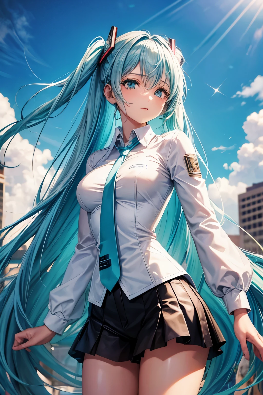 uma garota, cabelo azul claro, Cabelo estilo Hatsune Miku, olhos azuis, 20 anos de idade, Em Berlim, cidade moderna, melhor qualidade, obra de arte, Seios Grandes, fazendeira, chapau de cowboy, cowgirl, chapeu, fivela, bota, jaqueta, roupa do interior