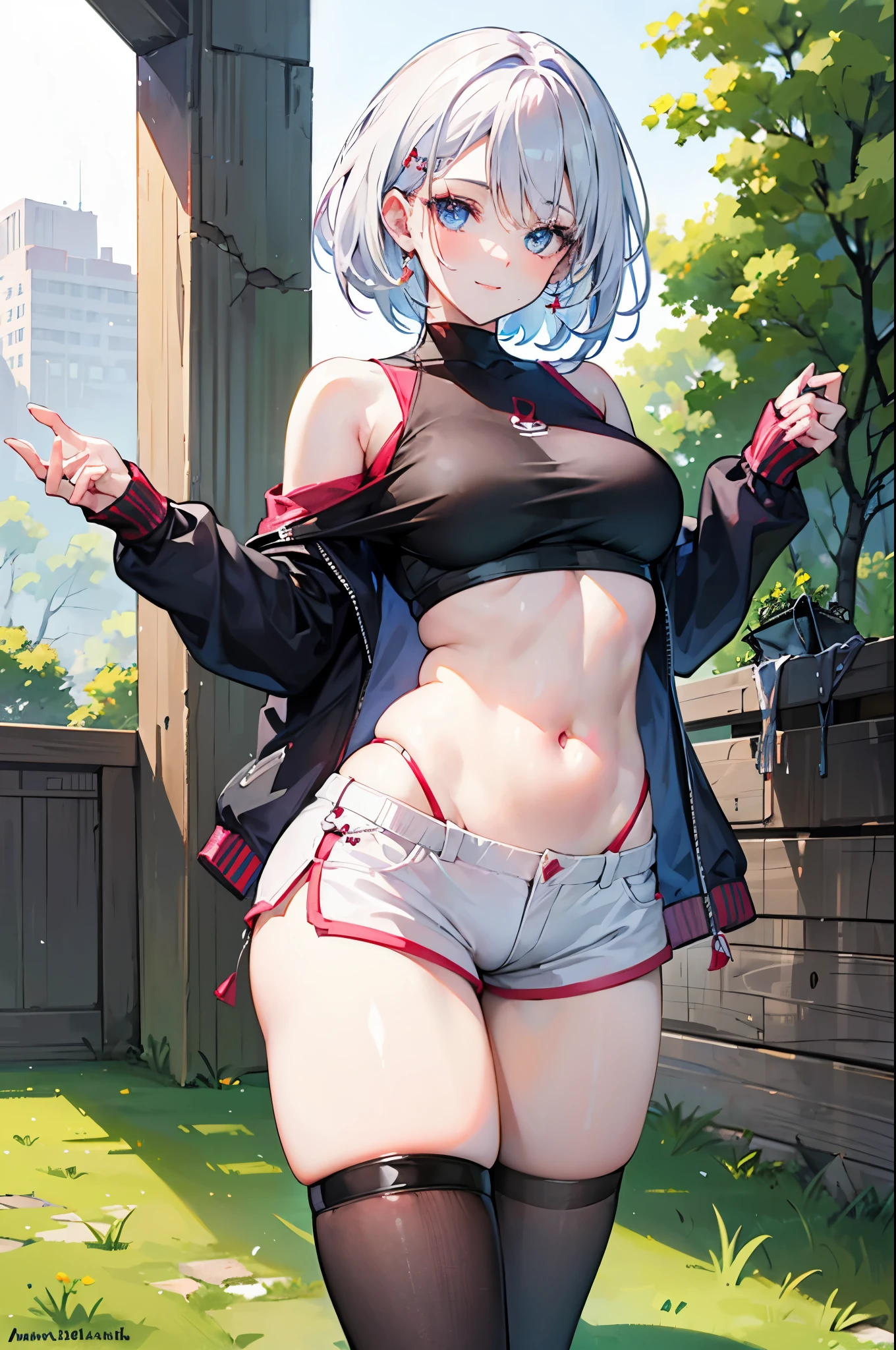 realistic image, coherent image, detailed image, 1 beautiful girl. She has short, white hair. Her eyes are blue, long eyelashes. Her face is oval and delicate, smiling. She is wearing a long-sleeved off-the-shoulder t-shirt, showing her navel, ripped shorts, and mid-thigh stockings. She has a curvy body, medium breasts, thick thighs. sexy pose. Background of destroyed buildings, surrounded by nature, natural lighting, volumetric lighting,