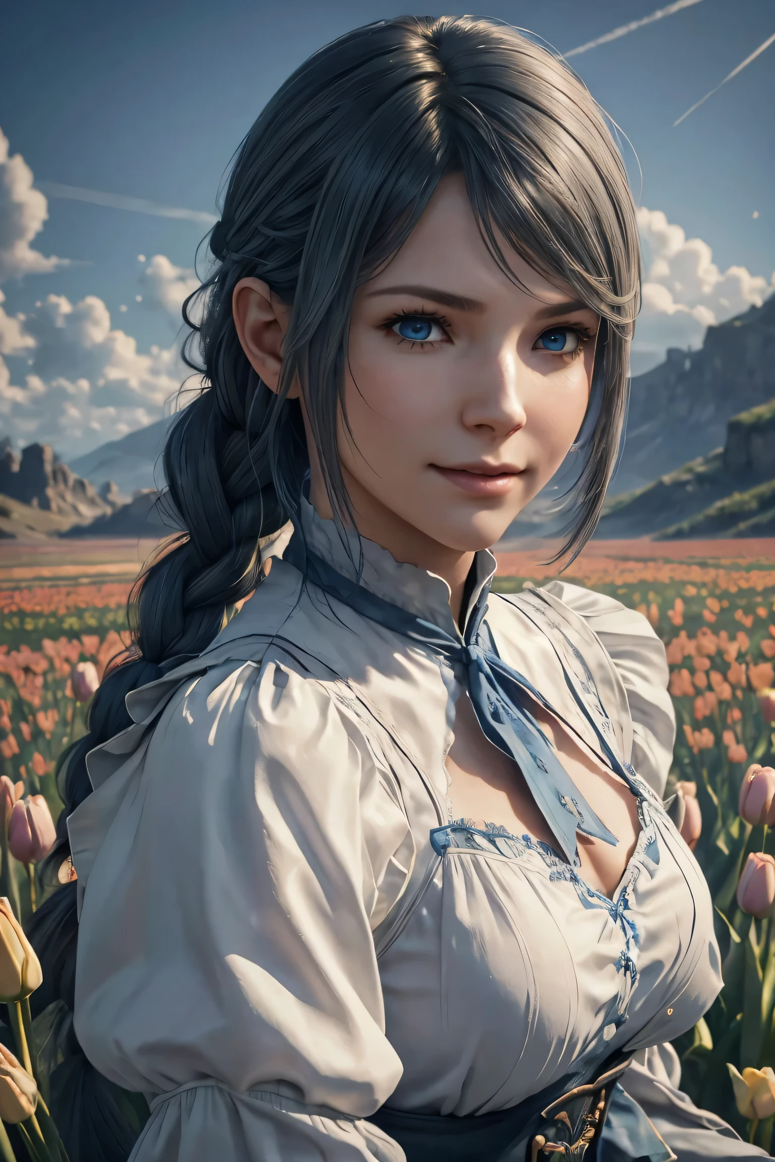 Jill Warrick,Final Fantasy 16,FF16,dark silver hair,long hair,Take down your bangs,1 long braid,beautiful blue eyes,white skin,white ruffle shirt,corn vest,blue ribbon around neck,super high quality,super high quality,masterpiece,digital single lens reflex,realistic,Detailed details,vivid details,depicted in detail,detailed face,Detailed details,Super detailed,realistic skin texture,based on anatomical basis,perfect anatomy,anatomically correct hand,anatomically correct fingers,Complex 3D rendering,sexy pose,beautiful tulip field,Final Fantasy Worldview,fantastic morning sun,Amazing blue sky,beauty like a painting,smile,