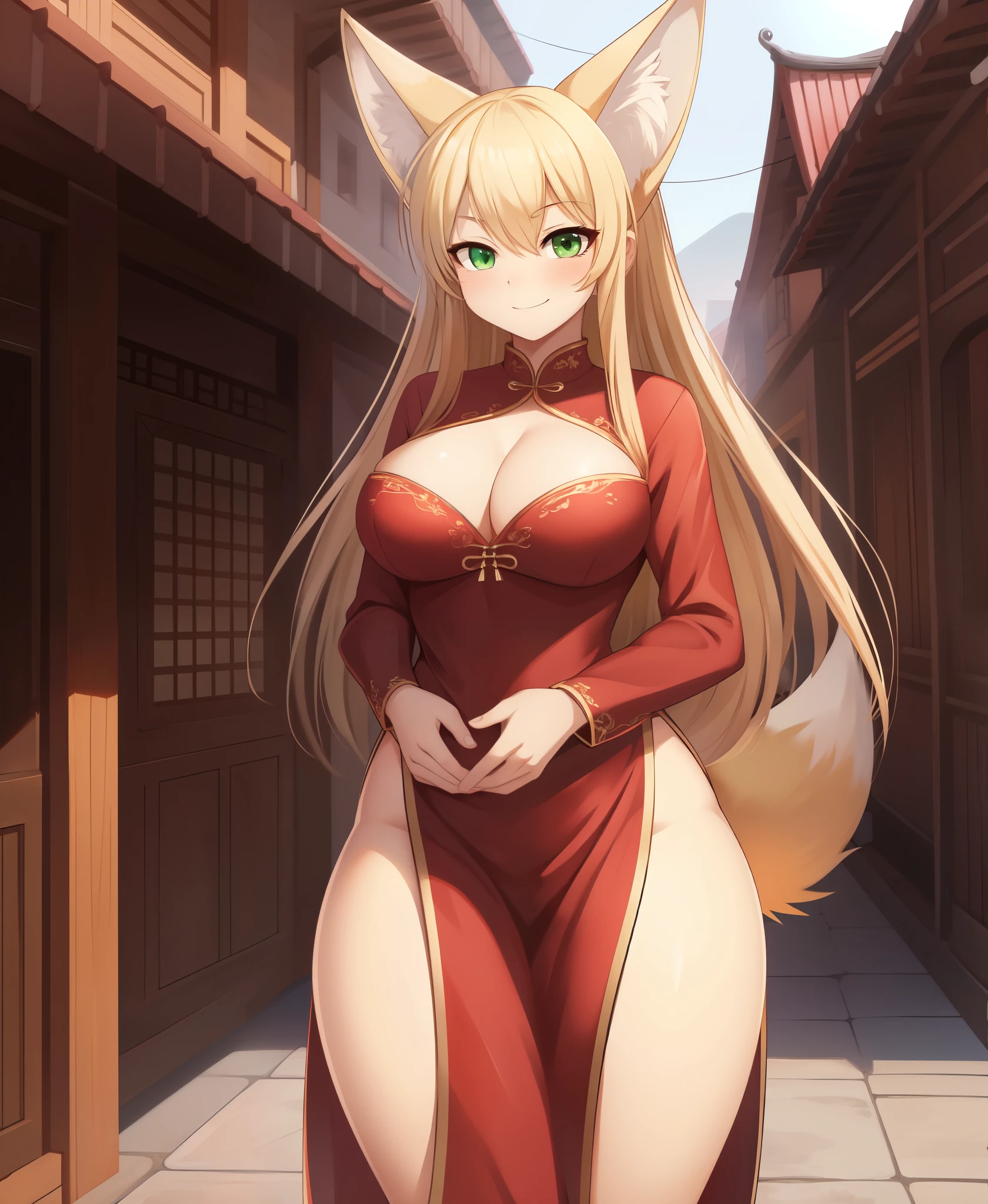 (tall female,HD, 4k, high resolution, best quality:1.4, high quality, detailed),((detailed background)),(chinese town,half body,three-quarter portrait,facing viewer)
,anime screencap,(fennec fox),(female),(solo),(yellow body fur),(detailed hands),(long hair,bangs),standing,detailed green eyes,seductive smirk,blush
,(,thick thighs,wide hip)
,red chinese dress,cleavage