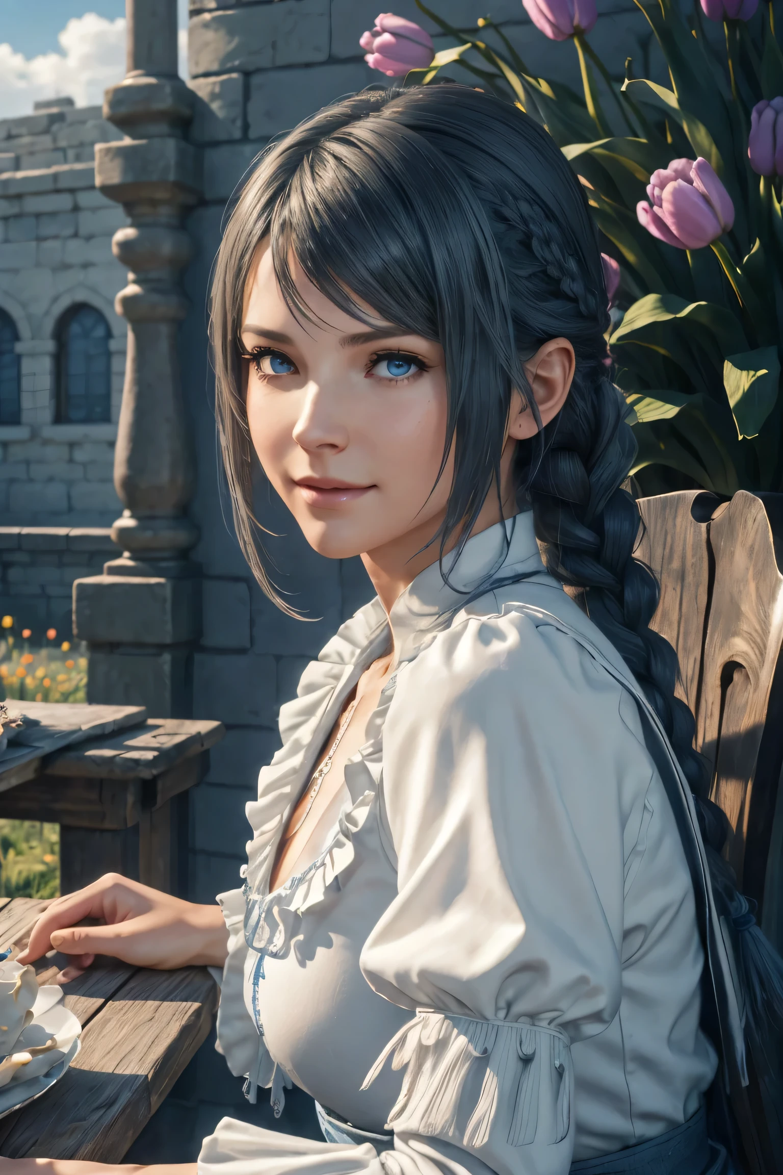 Jill Warrick,Final Fantasy 16,FF16,dark silver hair,long hair,Take down your bangs,1 long braid,beautiful blue eyes,white skin,white ruffle shirt,corn vest,blue ribbon around neck,super high quality,super high quality,masterpiece,digital single lens reflex,realistic,Detailed details,vivid details,depicted in detail,detailed face,Detailed details,Super detailed,realistic skin texture,based on anatomical basis,perfect anatomy,anatomically correct hand,anatomically correct fingers,Complex 3D rendering,sexy pose,beautiful tulip field,Final Fantasy Worldview,fantastic morning sun,Amazing blue sky,beauty like a painting,smile,