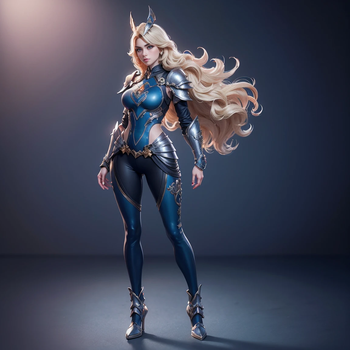 (((full body photo))) Blonde-haired woman with bright blue eyes, she has an athletic and graceful appearance, with an average height and a slender figure, her blonde hair falls in soft waves, reaching her shoulders.she wears a set of lightweight and elegant armor, consisting of fitted leggings and a tunic that provides mobility without compromising protection.
Her armor has a predominantly blue color scheme, with silver and white details, reflecting her identity as a just heroine, masterpiece, best quality, high quality, extremely detailed CG unity 8k wallpaper, oil painting, award winning photography, bokeh, depth of field , HDR, bloom, chromatic aberration, photorealism, very detailed, trending on artstation, trending on CGsociety, intricate, high detail, dramatic