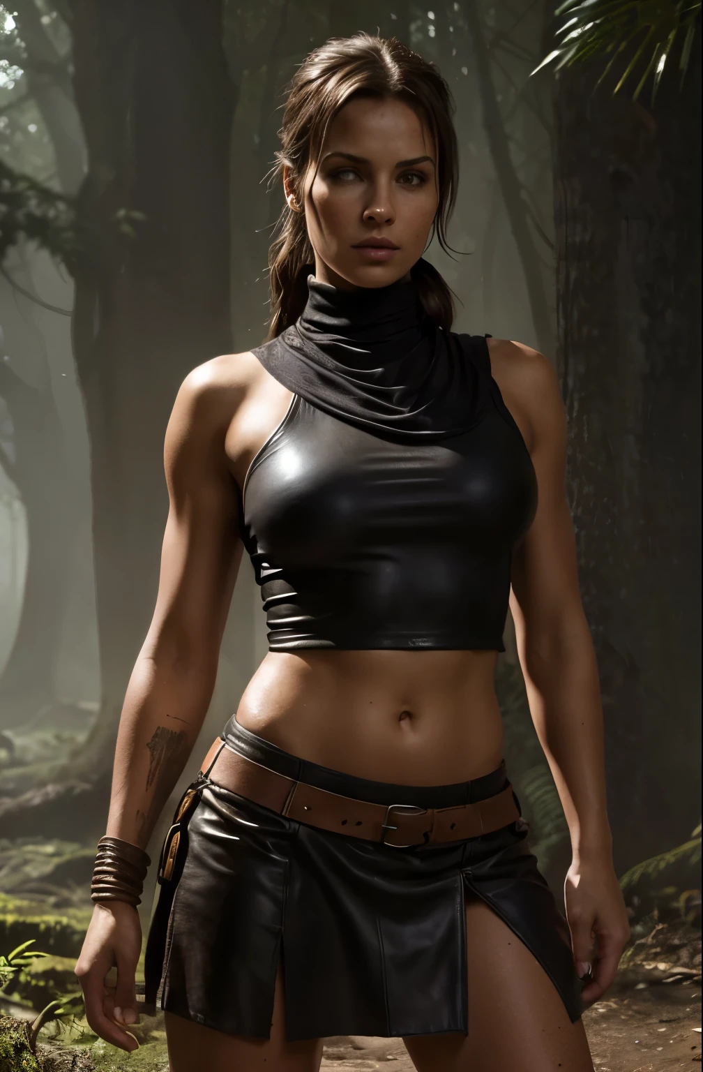 (Digital Art medieval style) athletic dirty muddy ripped in tethers Lara Croft black leather medieval style turtleneck leather top, nude belly, and short medieval style leather skirt, in a dense misty mysterious jungle ducking afraid near a large tree
