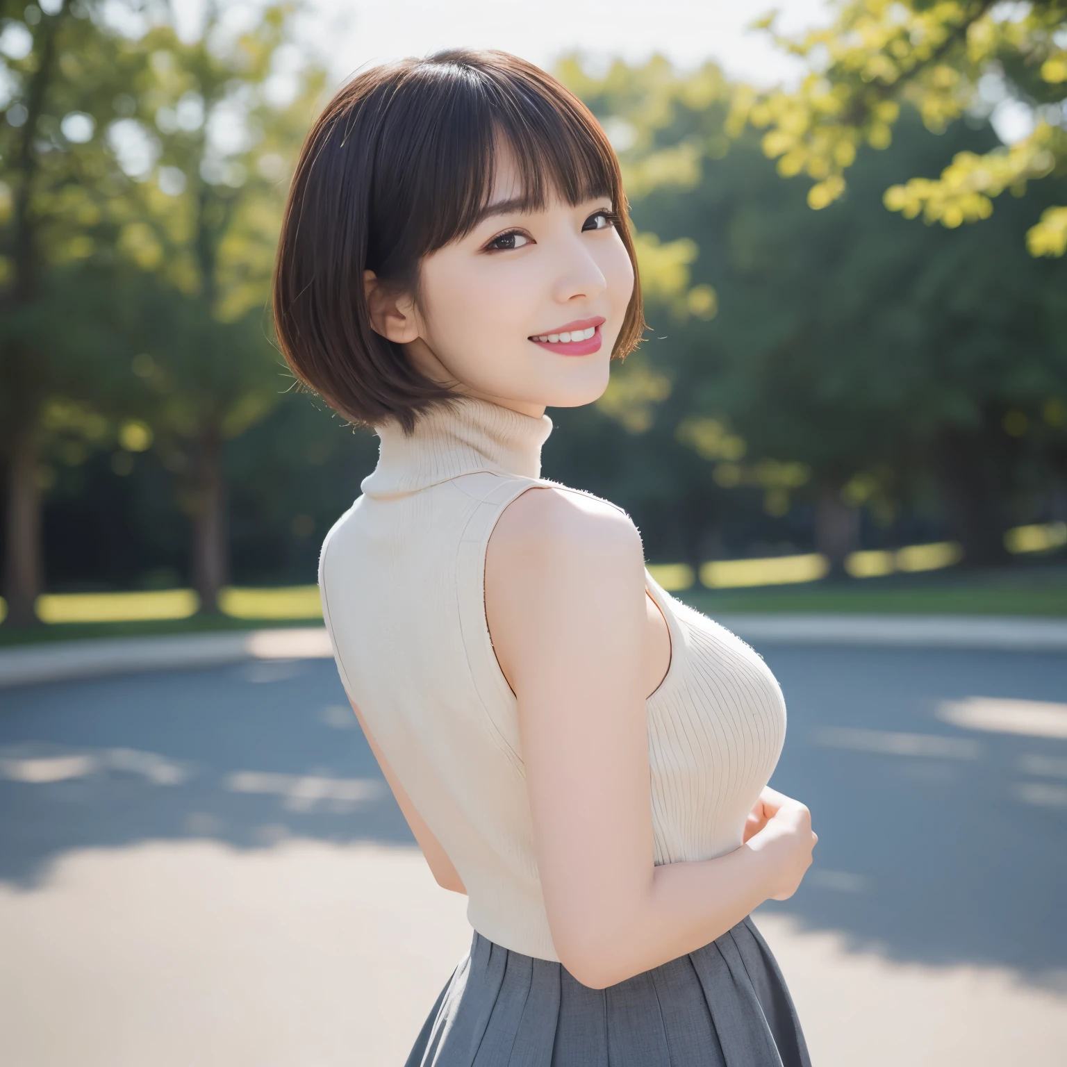 (highest quality、table top、8k、best image quality、Award-winning work)、one beautiful woman、25 years old、(alone:1.1)、perfect beautiful composition、(Huge breasts that are about to burst:1.1)、(Exactly:1.1)、(emphasize body line:1.1)、(very short very short hair:1.1)、(perfect center parted bangs:1.1)、slender body、(Perfect Beige Turtleneck Sleeveless Knit Sweater:1.2)、(Elegant gray melton fabric skirt:1.2)、(gray melton mini skirt:1.1)、(Wrinkle-free skirt:1.2)、(Boldly exposing beautiful raw thighs:1.2)、(full body photo:1.2)、look at me and smile、(blurred background:1.1)、(Strongly blurred accurate city park background:1.1)、stand gracefully、droopy eyes、natural makeup、Ultra high definition beauty face、ultra high definition hair、Super high-definition sparkling eyes、(Super high resolution glossy white skin:1.1)、Super high resolution glossy lips、accurate anatomy、(very bright and vivid:1.1)、(turn your back:1.2)、(turn around and look at me:1.1)、(Super detailed perfect face:1.1)