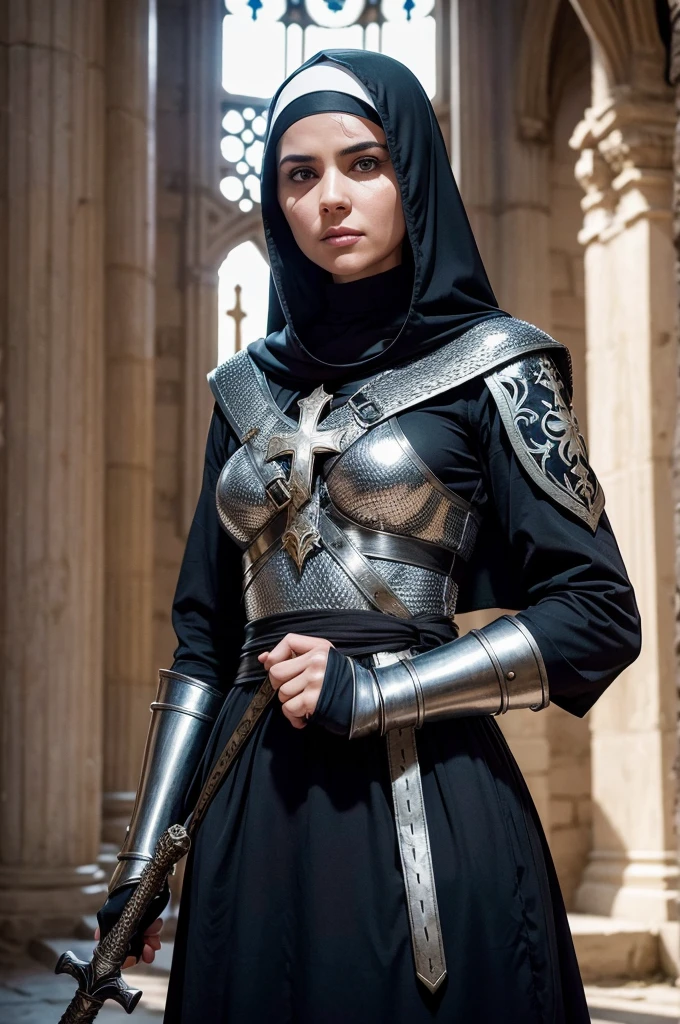 Imagine a fierce warrior nun in full battle attire. She is clad in a functional yet adorned armor that blends traditional nun's habit elements with protective gear, featuring a cross emblem on her chest. Her head is covered with a chainmail coif under a hood, maintaining a nod to her religious vows. In one hand, she grips a long, ornate sword, ready for combat. Her stance is confident and formidable, as she stands in the middle of an ancient stone church's ruins, with an expression of determination and divine fervor.