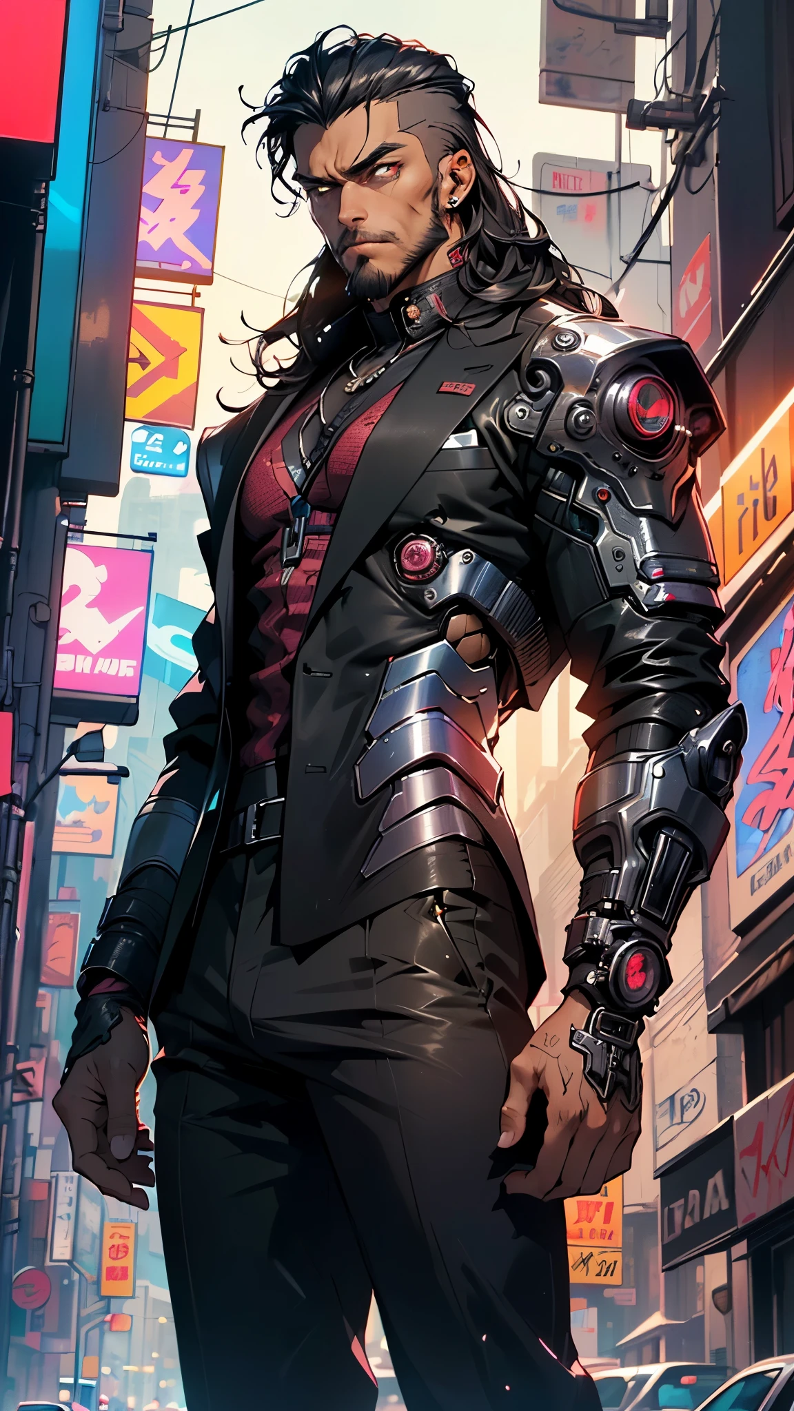 (man:1.5),1 man,mafia boss man,(((1man))),((man with black hair)),
55 years old, male character, black hair, ((slightly long hair:1.3)), ((full beard:1.3,black beard)), serious face, demon king,muscular body,heavy muscular body,((mafia boss)),((tall statue)),
(((1male,male,male gender:1.5,male focuacho man,villain,evil villain,
(((lustrous skin:1.5,tanned skin,bright skin: 1.5,skin tanned,shiny skin,very shiny skin,shiny body,illuminated skin))),(((red_eyes:1.2))),intricate eyes,beautiful detailed eyes,symmetrical eyean chest)),((muscular)),male jaw,(((detailed face))),
manly,nsfw,
cyberpunk mafia bosafia boss suit:1.5)), futuristic mafia boss,((bulge in pants)),((black suit:1.2)),(elegant suit),((wet clothes,intricate outfit,intricate clothes,intricate suit)),
(dynamic pose:1.0),solo focus,((smug)),(centered,scale to fit dimensions,Rule of thirds),
cyberpunk city by the ocean at night, with bright neon signs and dark stormy clouds and puddles, scenery:1.25,nighttime, starry night, cosmos,Very dark night that makes the neon lights stand out, very bright neon lights,
highres, sharp focus, (ultra detailed, extremely detailed), (photorealistic artwork:1.37),(extremely detailed CG unity 8k wallpaper),((synthwave background theme)),(((vibrant colors))),(intricate background),(masterpiece),(best quality),