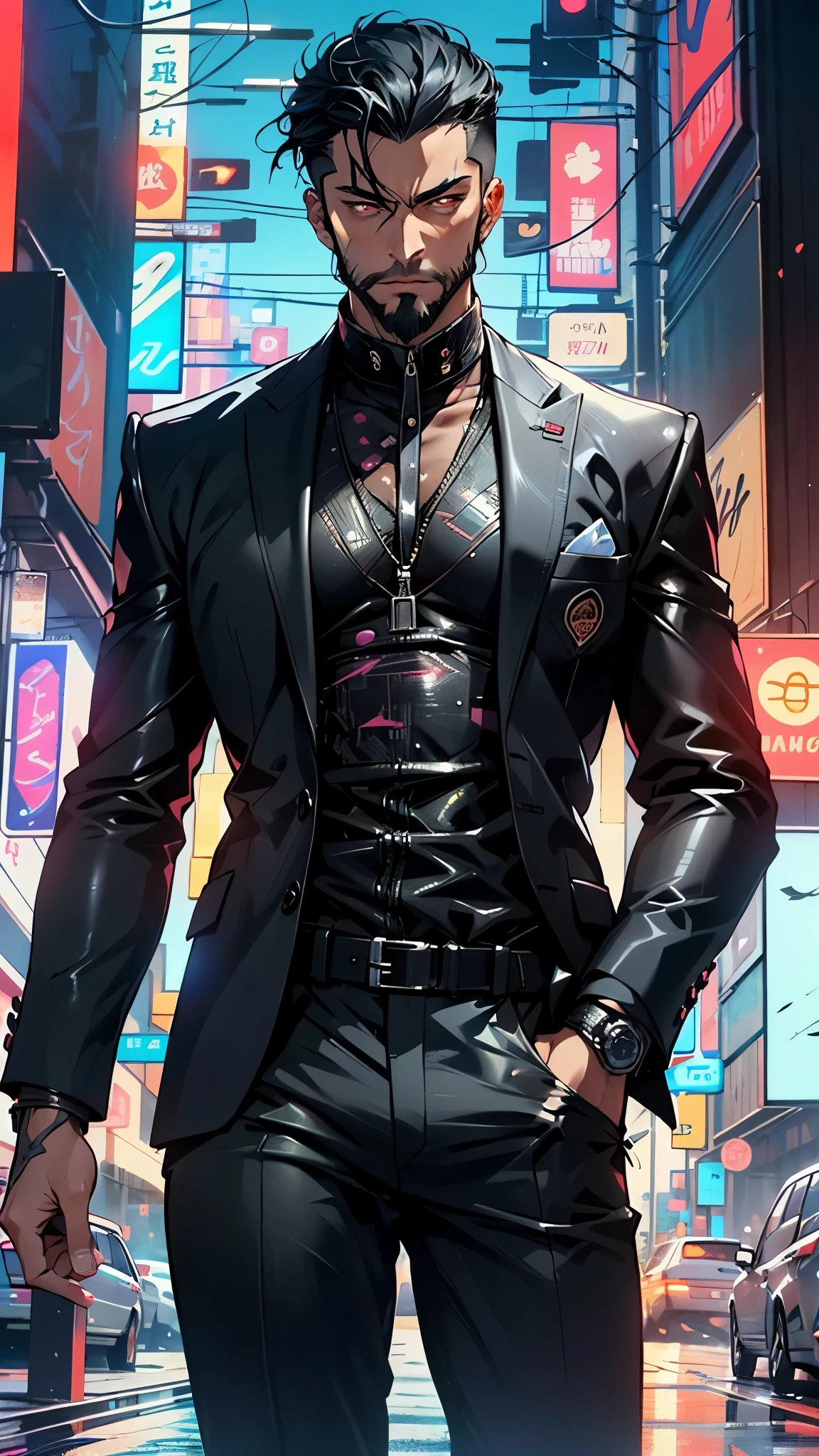 (man:1.5),1 man,mafia boss man,(((1man))),((man with black hair)),
55 years old, male character, black hair, ((slightly long hair:1.3)), ((full beard:1.3,black beard)), serious face, demon king,muscular body,heavy muscular body,((mafia boss)),((tall statue)),
(((1male,male,male gender:1.5,male focuacho man,villain,evil villain,
(((lustrous skin:1.5,tanned skin,bright skin: 1.5,skin tanned,shiny skin,very shiny skin,shiny body,illuminated skin))),(((red_eyes:1.2))),intricate eyes,beautiful detailed eyes,symmetrical eyean chest)),((muscular)),male jaw,(((detailed face))),
manly,nsfw,
cyberpunk mafia bosafia boss suit:1.5)), futuristic mafia boss,((bulge in pants)),((black suit:1.2)),(elegant suit),((wet clothes,intricate outfit,intricate clothes,intricate suit)),
(dynamic pose:1.0),solo focus,((smug)),(centered,scale to fit dimensions,Rule of thirds),
cyberpunk city by the ocean at night, with bright neon signs and dark stormy clouds and puddles, scenery:1.25,nighttime, starry night, cosmos,Very dark night that makes the neon lights stand out, very bright neon lights,
highres, sharp focus, (ultra detailed, extremely detailed), (photorealistic artwork:1.37),(extremely detailed CG unity 8k wallpaper),((synthwave background theme)),(((vibrant colors))),(intricate background),(masterpiece),(best quality),