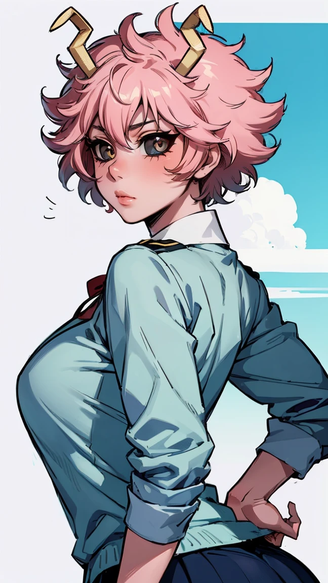 (best quality:1.3), (4k quality), 1 mature woman, Mina Ashido by boku no hero, school uniform, ((Detailed face)), (blush), backwards, looking back, whole body