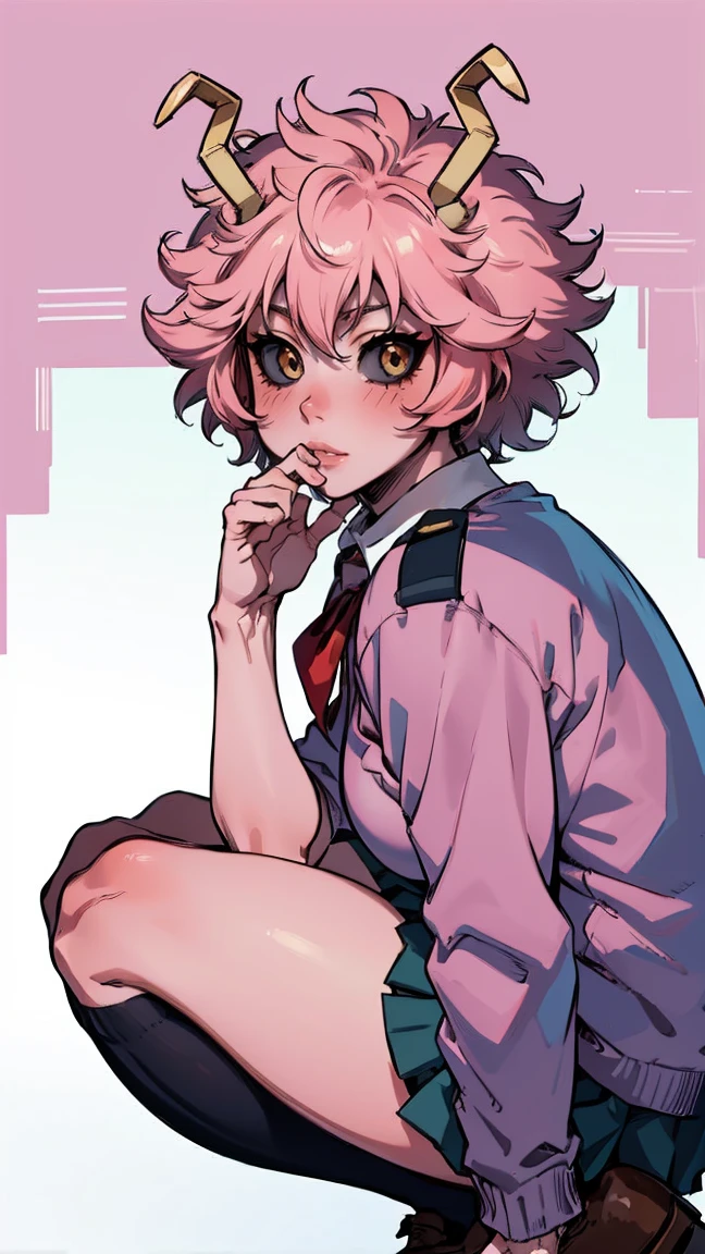 (best quality:1.3), (4k quality), 1 mature woman, Mina Ashido by boku no hero, school uniform, ((Detailed face)), (blush), backwards, looking back, whole body