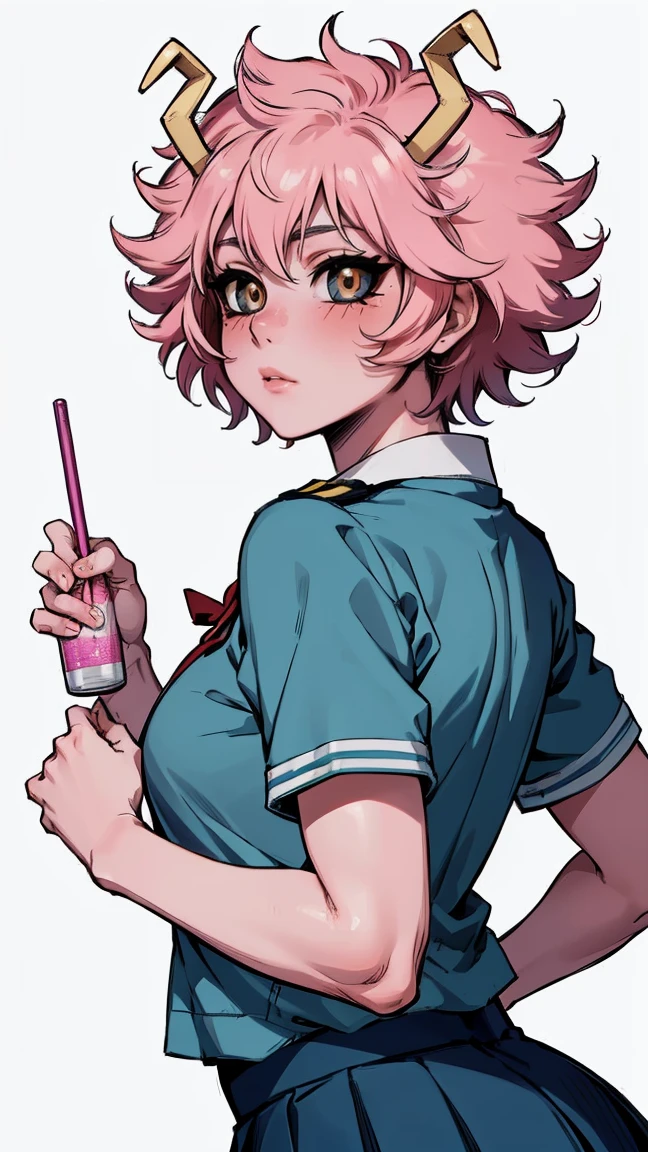 (best quality:1.3), (4k quality), 1 mature woman, Mina Ashido by boku no hero, school uniform, ((Detailed face)), (blush), backwards, looking back, whole body