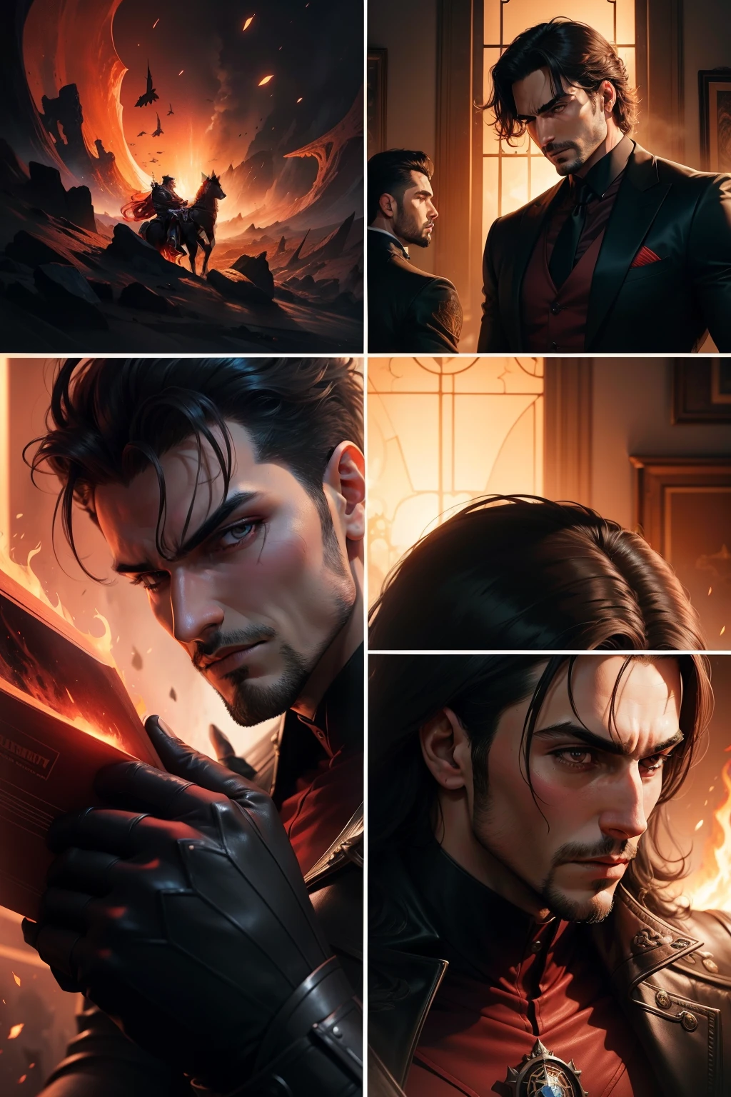 In the enigmatic world of devil comics number 13, a red, solarizing master named Kerem Beyit unravels the intricate layers of powerful symbolism. With gestures laden with meaning, he delves deep into the depths of the story's intricacies. Amidst the skeuomorphic background, reminiscent of the masterful work of Greg Land, Kerem's intensity shines as he examines each panel with a keen eye, illuminating the hidden meanings within the panels. The fiery hue of the comic pages adds to the mystique, immerse yourself in the absorbing narrative and decipher the secrets it holds.