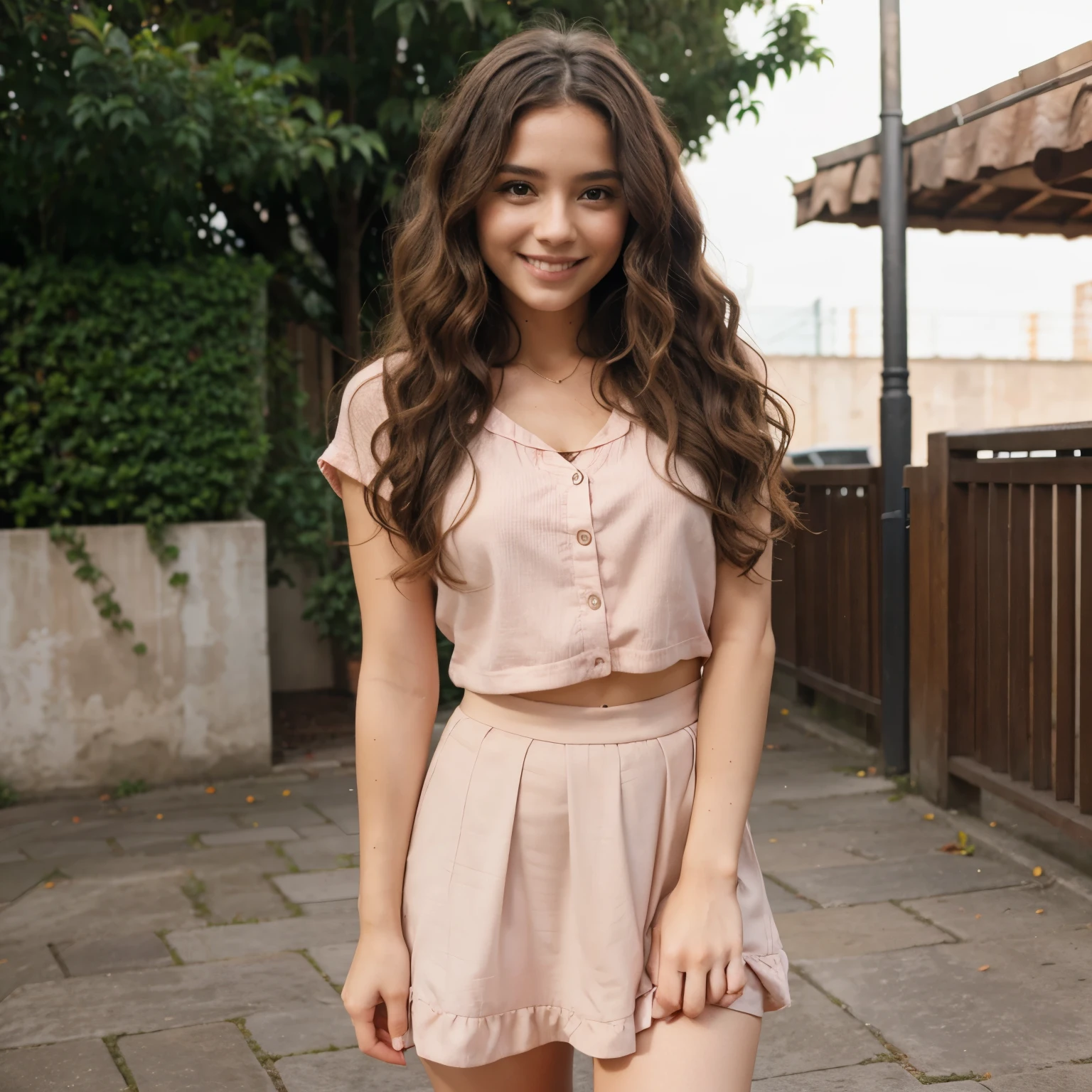 Cute woman, wavy hair, blush, natural friendly smile, cute outfit, short skirt