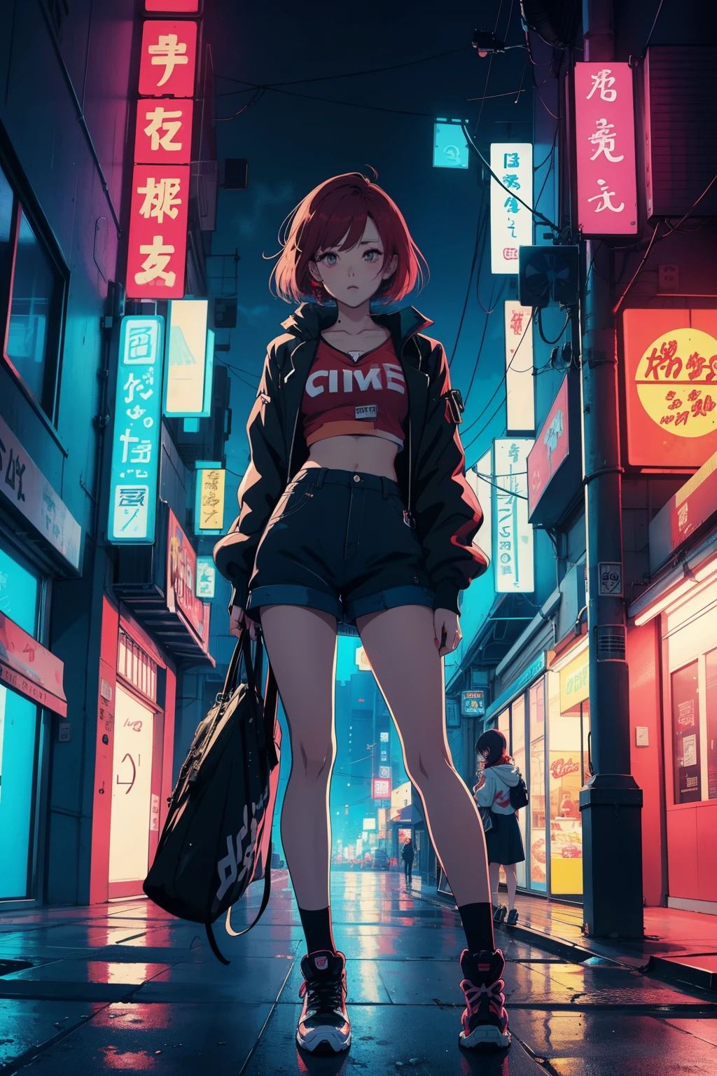 best qyality, perky tits, anime girl with red hair and blue shirt stands in front of a neon city, Anime style 4k, seductive anime girl, lofi girl, retro anime girl, Anime style. 8k, 80s anime vibe, anime vibe, cyberpunk digital anime art, 80s anime art style, digital anime illustration, city girl fanart