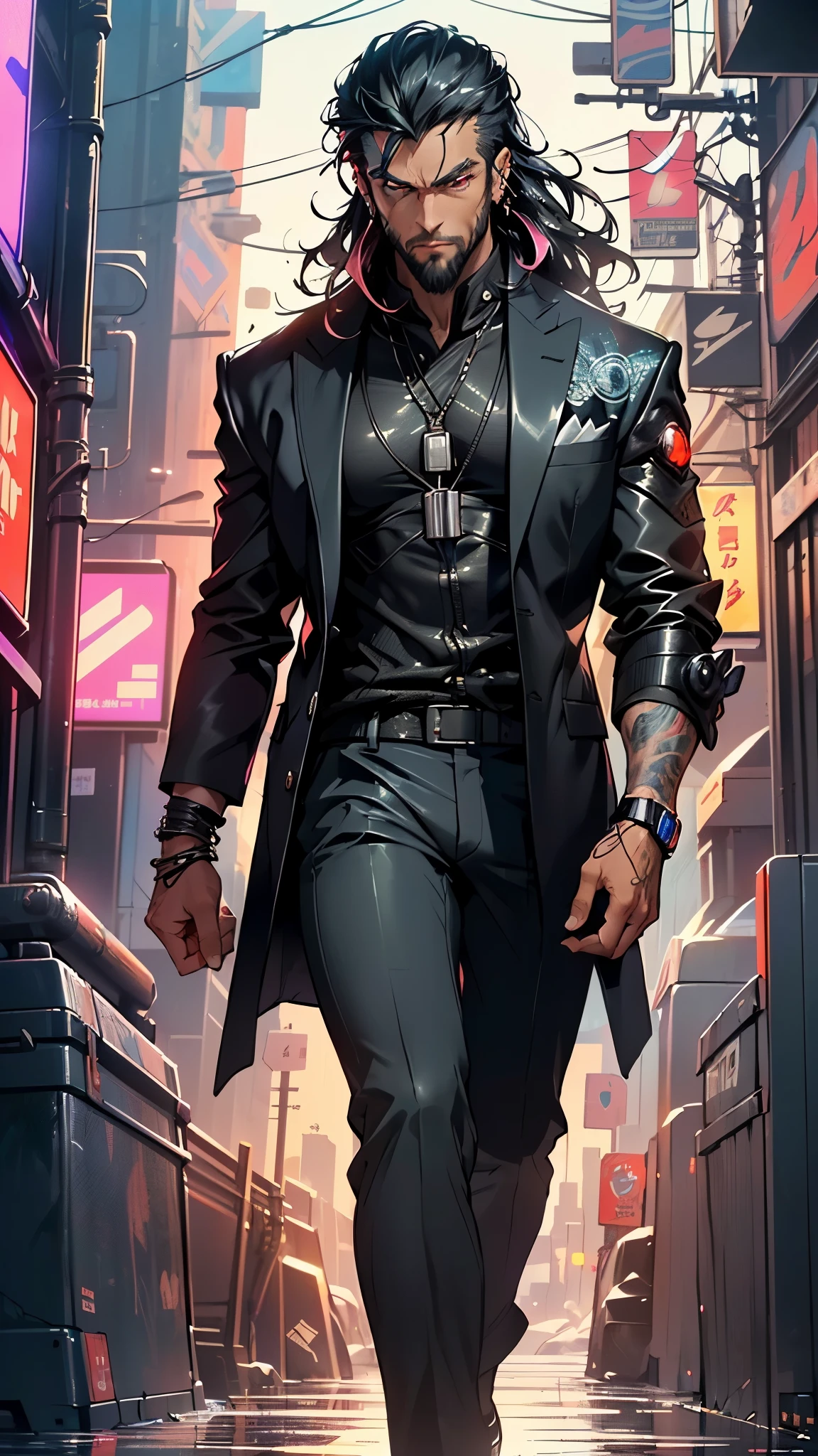 (man:1.5),1 man,mafia boss man,(((1man))),((man with black hair)),

55 years old, male character, black hair, ((slightly long hair:1.3)), ((full beard:1.3,black beard)), serious face, demon king,muscular body,heavy muscular body,((mafia boss)),((tall statue)),

(((1male,male,male gender:1.5,male focuacho man,villain,evil villain,

(((lustrous skin:1.5,tanned skin,bright skin: 1.5,skin tanned,shiny skin,very shiny skin,shiny body,illuminated skin))),(((red_eyes:1.2))),intricate eyes,beautiful detailed eyes,symmetrical eyean chest)),((muscular)),male jaw,(((detailed face))),

manly,nsfw,

cyberpunk mafia bosafia boss suit:1.5)), futuristic mafia boss,((bulge in pants)),((black suit:1.2)),(elegant suit),((wet clothes,intricate outfit,intricate clothes,intricate suit)),

(dynamic pose:1.0),solo focus,((smug)),(centered,scale to fit dimensions,Rule of thirds),

cyberpunk city by the ocean at night, with bright neon signs and dark stormy clouds and puddles, scenery:1.25,nighttime, starry night, cosmos,Very dark night that makes the neon lights stand out, very bright neon lights,

highres, sharp focus, (ultra detailed, extremely detailed), (photorealistic artwork:1.37),(extremely detailed CG unity 8k wallpaper),((synthwave background theme)),(((vibrant colors))),(intricate background),(masterpiece),(best quality),


