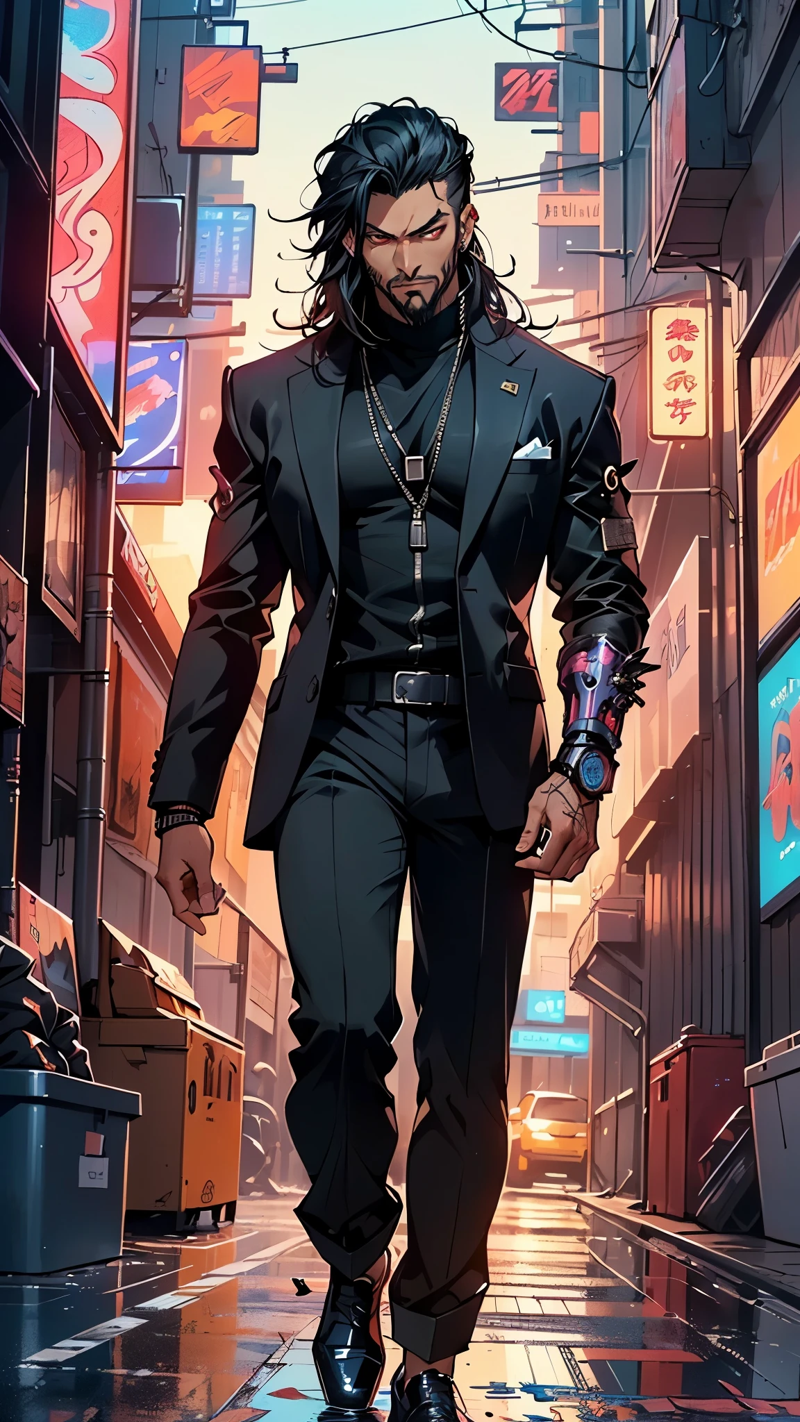 (man:1.5),1 man,mafia boss man,(((1man))),((man with black hair)),
55 years old, male character, black hair, ((slightly long hair:1.3)), ((full beard:1.3,black beard)), serious face, demon king,muscular body,heavy muscular body,((mafia boss)),((tall statue)),
(((1male,male,male gender:1.5,male focuacho man,villain,evil villain,
(((lustrous skin:1.5,tanned skin,bright skin: 1.5,skin tanned,shiny skin,very shiny skin,shiny body,illuminated skin))),(((red_eyes:1.2))),intricate eyes,beautiful detailed eyes,symmetrical eyean chest)),((muscular)),male jaw,(((detailed face))),
manly,nsfw,
cyberpunk mafia bosafia boss suit:1.5)), futuristic mafia boss,((bulge in pants)),((black suit:1.2)),(elegant suit),((wet clothes,intricate outfit,intricate clothes,intricate suit)),
(dynamic pose:1.0),solo focus,((smug)),(centered,scale to fit dimensions,Rule of thirds),
cyberpunk city by the ocean at night, with bright neon signs and dark stormy clouds and puddles, scenery:1.25,nighttime, starry night, cosmos,Very dark night that makes the neon lights stand out, very bright neon lights,
highres, sharp focus, (ultra detailed, extremely detailed), (photorealistic artwork:1.37),(extremely detailed CG unity 8k wallpaper),((synthwave background theme)),(((vibrant colors))),(intricate background),(masterpiece),(best quality),