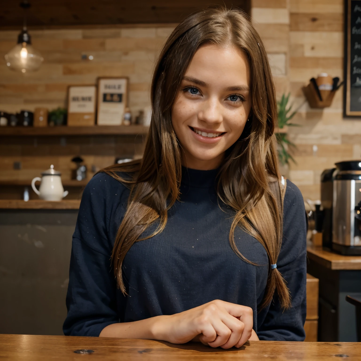 Black woman with long blonde hair blue eyes and freckles in coffee shop laughing