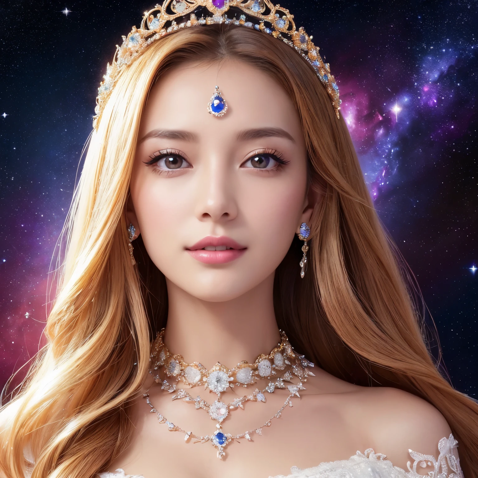 ((highest quality、table top、8k、best image quality、extremely complex and detailed depiction))、(one of the most beautiful princesses:1.1)、big and full breasts、radiant beautiful skin、look at me with the best smile、(The most fantastic and shining universe'The finest dresses:1.2)、(The most fantastically shining galaxy dress:1.2)、beautiful and elegant decoration、Diamond decoration、The most luxurious and highest quality giant tiara、The most luxurious and highest quality giant necklace、artistic decoration、finest jewelry decoration、the most luxurious decoration in the world、The most fantastic and mysterious galaxy background、shining galaxy starry sky、the most mysterious cosmic glow、accurate anatomy、(close up of face:1.3)