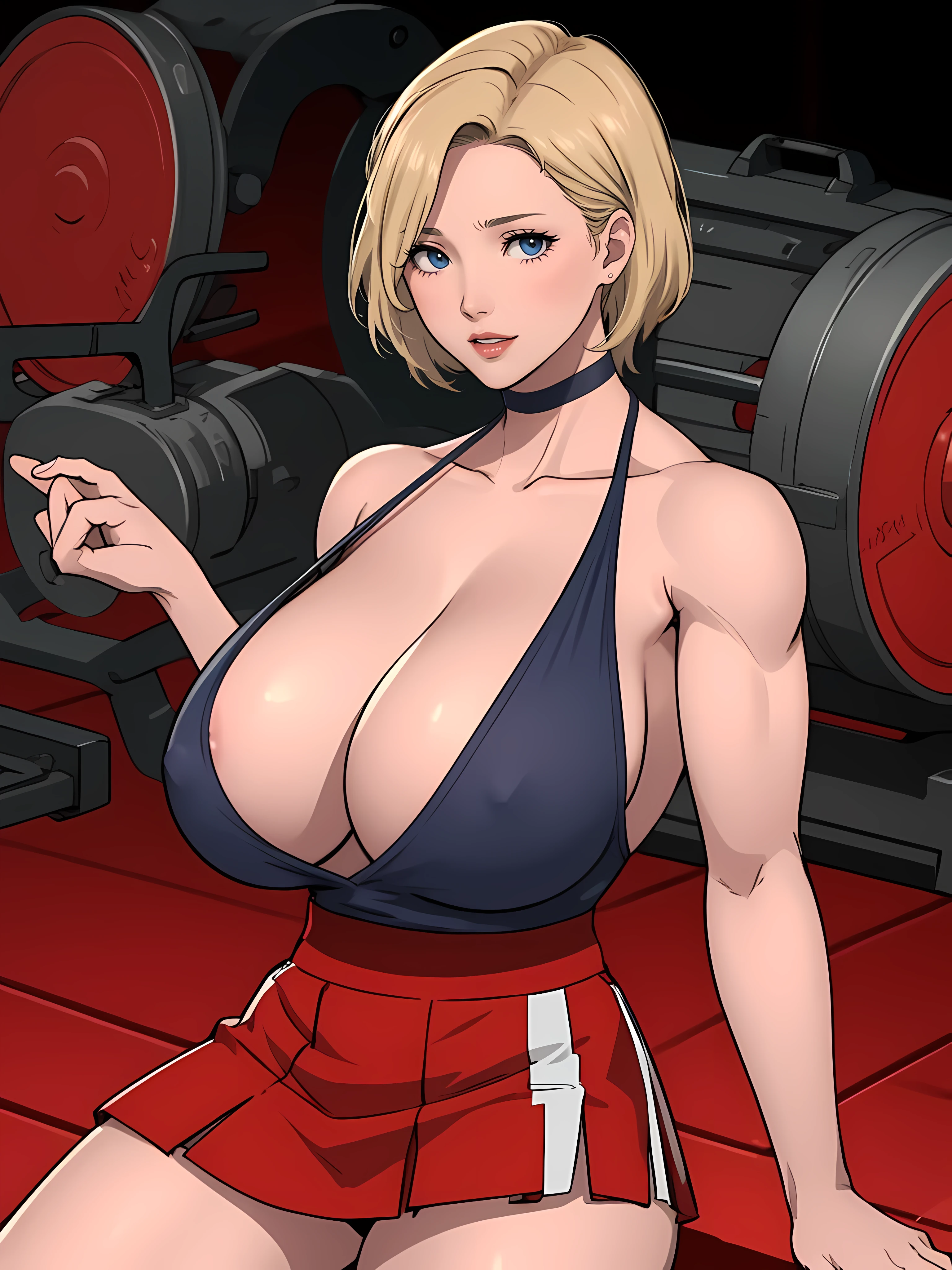 ((((Massive Female Bodybuilder)))), masterpiece, ,(solo:1.1), perfect face, (bright lighting:1.2),beautiful detailed eyes, extremely detailed face, perfect lighting,masterpiece, best quality, ((mature female)), ((large breasts)), 30yo female, 1girl, red lips, short blonde, straight hair ,provocative, tease, lips, lipstick, red lips, red lipstick, milf, large breast , simple smile, adult woman, bold lips, thick lips, thick skirt, mini dress , full body, ((((Muscular Quadriceps))))