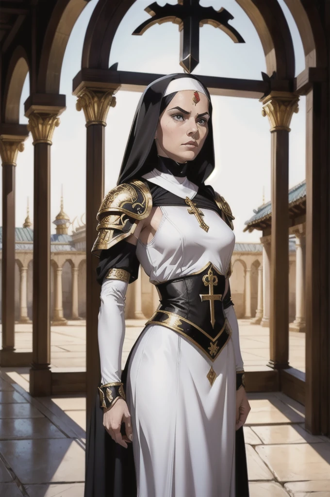 Create an image of a determined warrior nun, her attire a blend of religious garb and battle-ready armor. She wears a traditional white tunic and black habit, both accented with gold trim and armor pieces on her shoulders and forearms. A simple, elegant cross hangs from her neck. She has a stoic expression, with sharp, symmetrical features and dark, penetrating eyes. A small, ornate tiara adorns her forehead, signifying rank or spiritual significance. The background is the courtyard of an ancient monastery, suggesting a narrative of sacred protection or a quest.