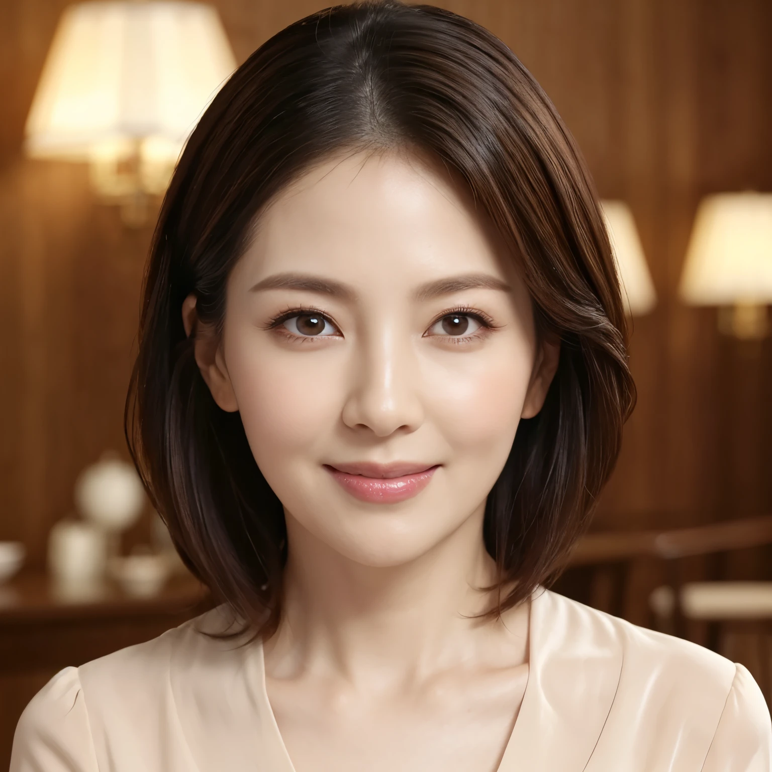 (highest quality、table top、8k、best image quality、Award-winning work)、1 Beautiful Mature Woman、Strongly blurred dining room background、stylish dining room、The most natural and perfect apartment dining room interior、(Perfect for elegant and beautiful lounge wear:1.1)、plump and glossy lips、Smile kindly at me、professional lighting、illuminate the face、short bob hair、(wrinkled face:1.05)、(wrinkles around the eyes:1.05)、(nasolabial folds:1.05)、(small wrinkles:1.05)、(close up of face:1.05)、classy and perfect makeup、Ultra high definition beauty face、ultra high definition hair、Super high-definition sparkling eyes、(Shining ultra-high definition beautiful skin:1.1)、Super high resolution glossy lips、(accurate anatomy:1.1)、ultra high definition hair