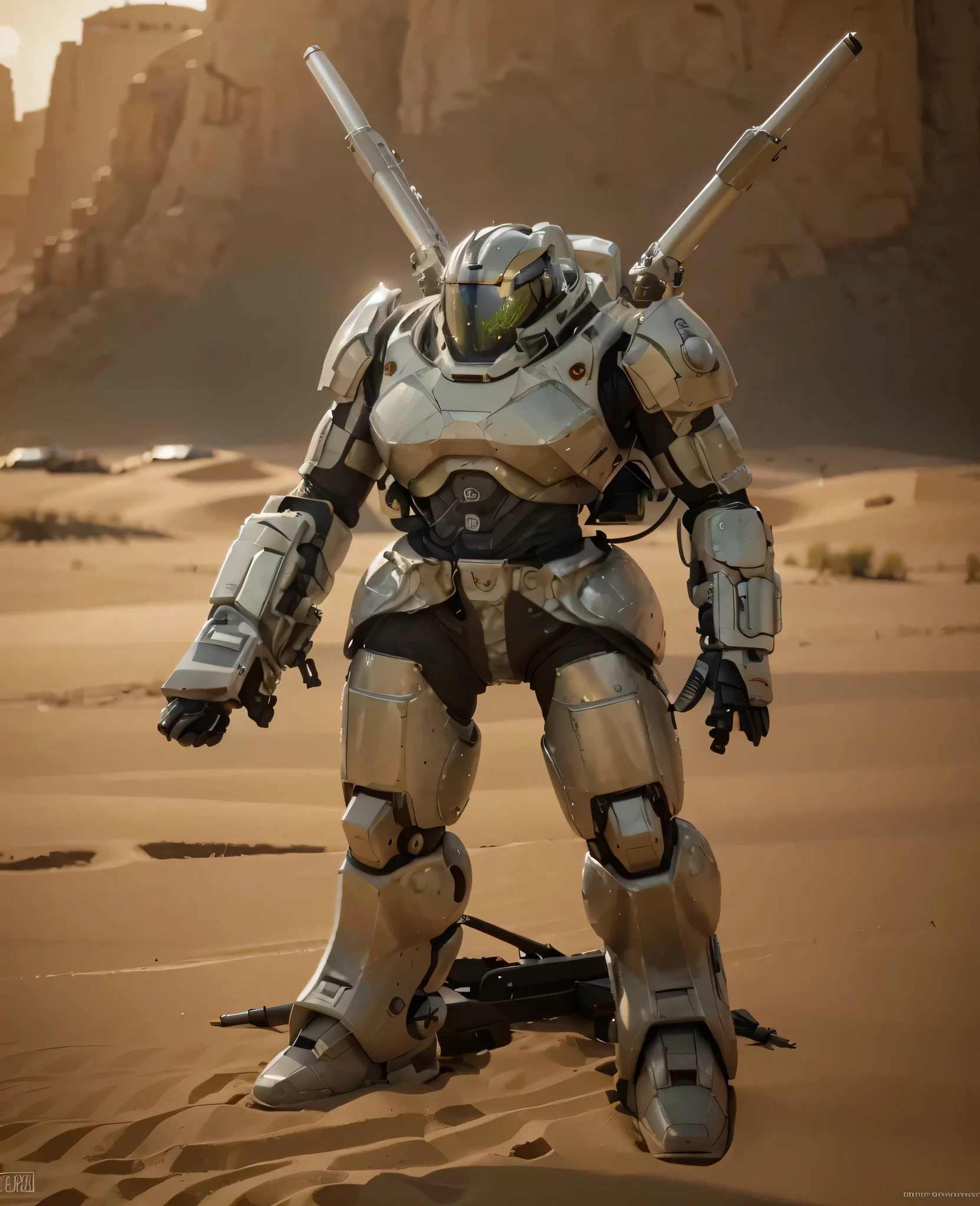 soldier with heavy cyborg robotic suit with sensors and antennas, color beige con detalles en blanco, casco moderno con visera, alas y tubos de metal, in his hand he has a laser cutter, is on a battlefield in the desert, gafas verdes, greenish atmosphere, modern tanks and vehicles, mucho humo, 4k, ultra detallado image, realista, muy detallado, perfect composition, splendid, intrincadamente detallado, incredibly detailed, 8k art photography, hiper detallado, Obra maestra, ultra detallado, hyper realista, 4k, ultra detallado image, realista, muy detallado, perfect composition, splendid, intrincadamente detallado, incredibly detailed, Artistic photography in 8K, hiper detallado, Obra maestra