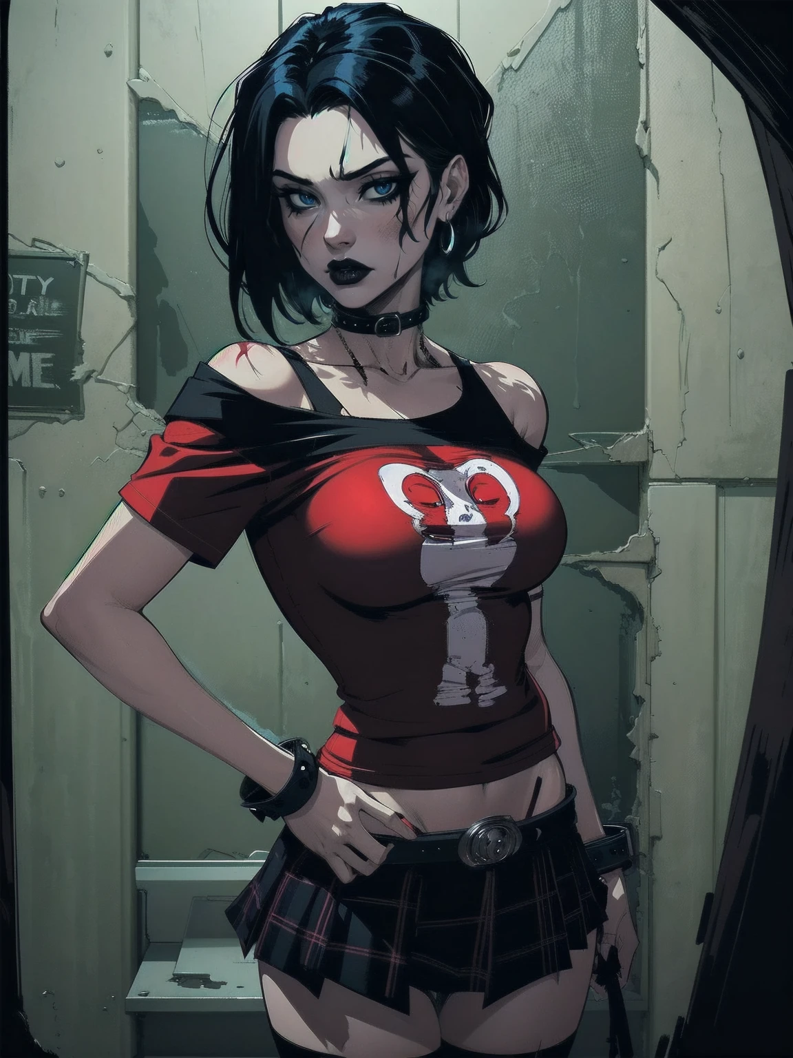 a woman with short black hair, hair on shoulders,  wearing a red t-shirt  and plaid skirt, blue eyes, zombie art, gothic art, cute aesthetic with vibe, toon aesthetic, wearing red costume, wearing gothic accessories, look like Cassie Hack, upper body, horror background