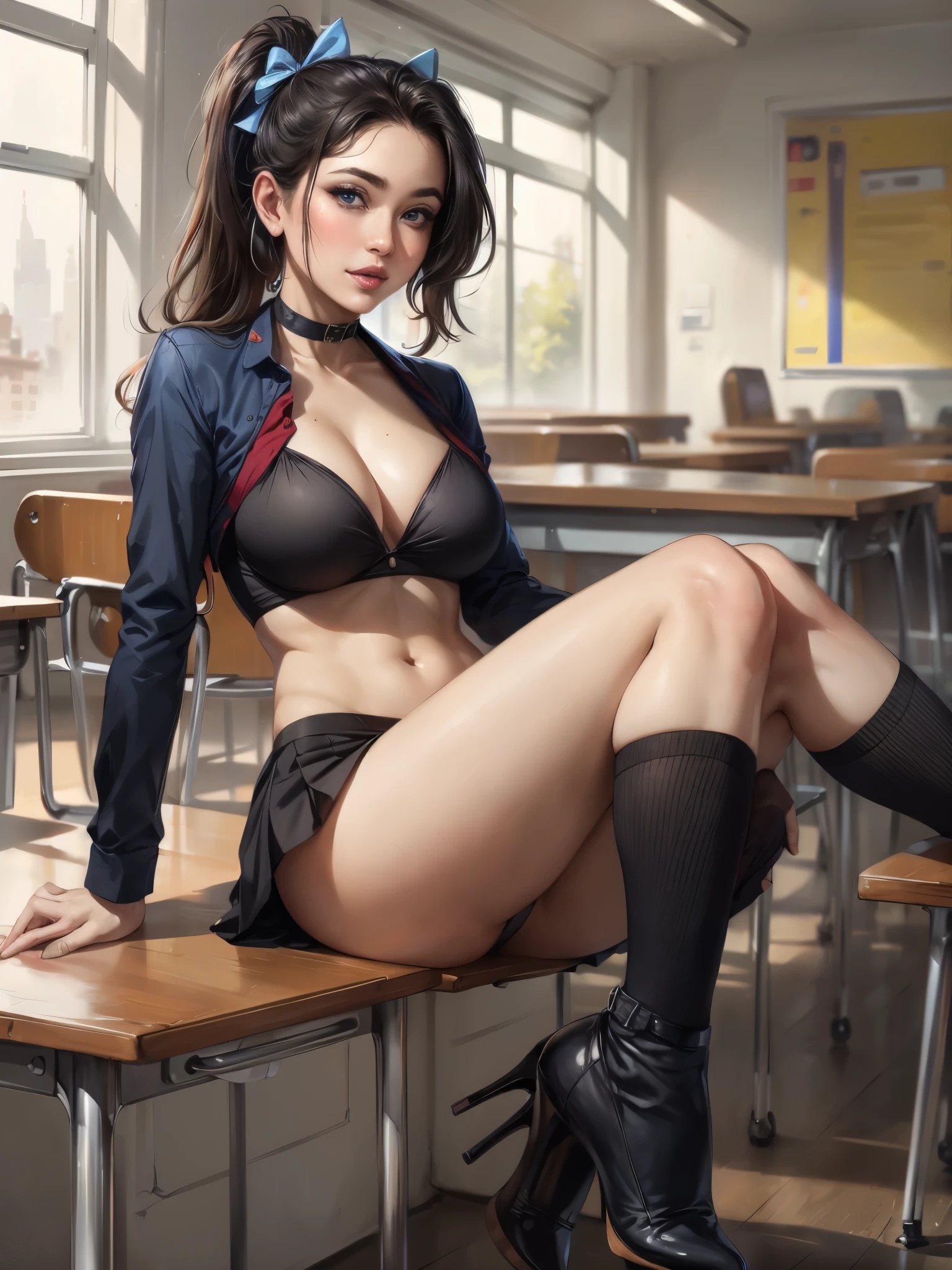 realistic , (masterpiece, best quality),(solo) ,(Milf), Velma in Scooby-Doo, tight tubetop, [brown|purple|black hair], long hair, hair bow, hair ribbon, ponytail, makeup, blue eyes, ,choker, blue suit, pencil skirt, black thighhighs, high heels, school, classroom, blackboard,
 