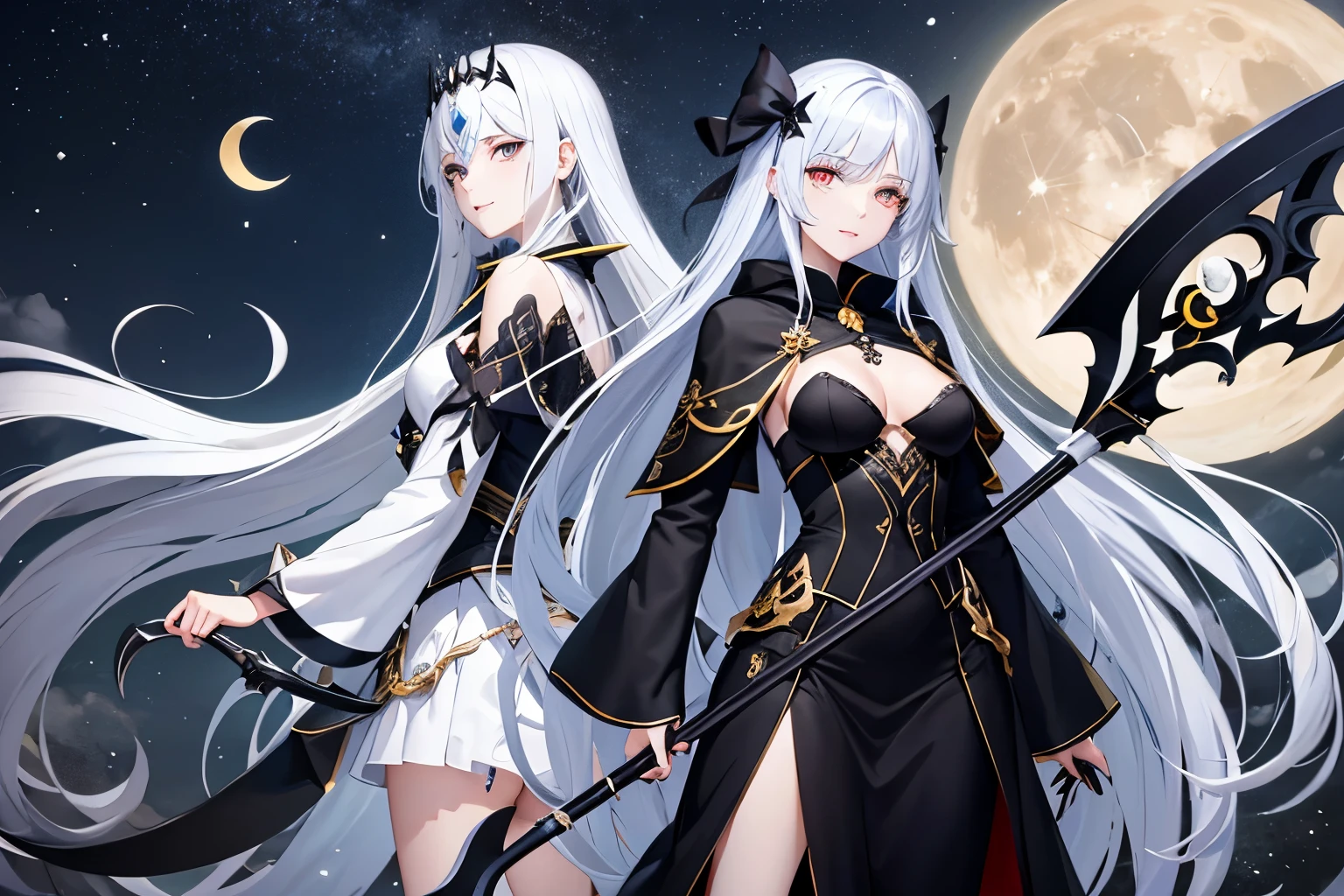 （high quality、masterpiece、be familiar with、normal body、A body without defects）（（Beautiful girl with Death Scythe in her right hand:1.4、Executioners、grim Reaper、silver hair、Black bristles、Golden eyes that emit a mysterious light））、Wearing a mysterious black robe、wearing a white skirt:1.2、risque costume、transparent costume:1.3、multiple moons in a row、Moon phase is lined up at the back、smile shyly、Crescent moon emblem on the forehead、I have a death scythe with a long handle.:1.5、Death Scythe with beautiful curves and sharp cutting edges.