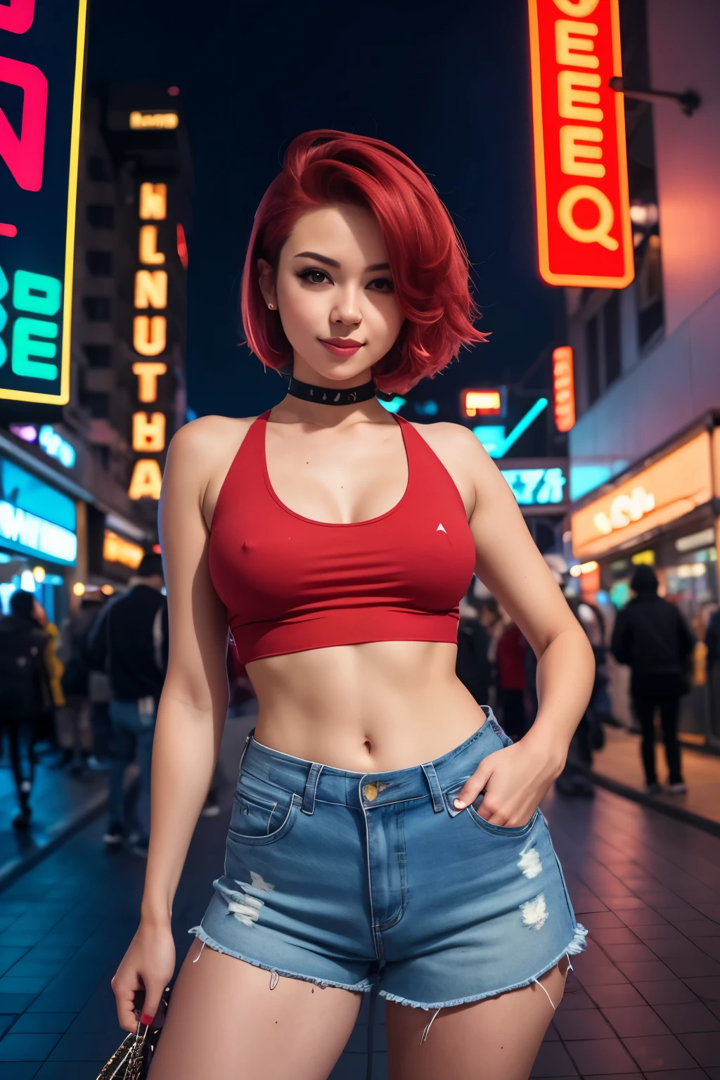 best qyality, perky tits, anime girl with red hair and blue shirt stands in front of a neon city, Anime style, seductive anime girl, lofi girl, retro anime girl, Anime style. 8k, 80s anime vibe, anime vibe, cyberpunk digital anime art, 80s anime art style, digital anime illustration, bob hairstyle, professional