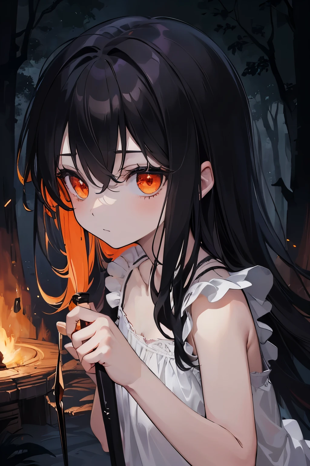 ((masterpiece, best quality)), (((grimdark))), wandering in the dark forest, wild, girl, (((children))), 9 years old, darkness, wearing only a ruined sleeveless ((white nightshirt)), long black hair, orange eyes, night, fantasy dark forest, horror, (((night forest background))), holding a knife
