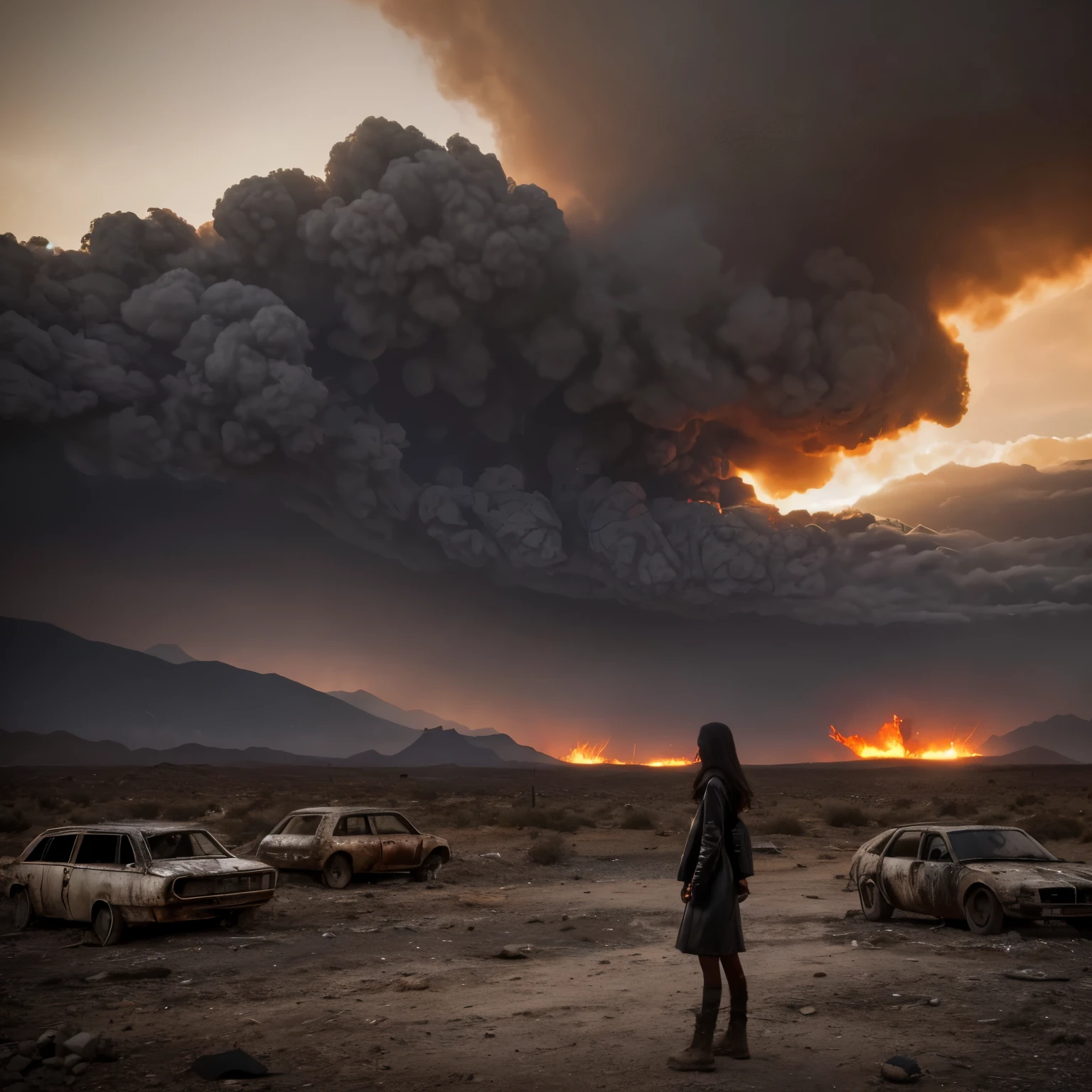 lonely girl, in a black leather coat, High mountains in the background, their rocky peaks look menacing in the dark sky. A layer of dust and smoke rises from distant fires or explosions. The sun is covered with clouds, its rays penetrate the clouds, giving the whole scene a dark and moody tone.
There is a broken car in the foreground, parts of it are scattered around. A girl stands next to a car, she may have a weapon or some kind of self-defense item in her hands. Her clothes are worn and dusty, but it bears traces of military operations. Her facial expression is a mixture of determination and readiness to fight..
Lifeless landscapes surround her heavy gaze: desert, desolation, charred trees or rusty car wrecks. No signs of life, only peace, consumed by chaos and destruction.
This scene should convey the atmosphere of the apocalypse, but at the same time show the strength and determination of the main character.