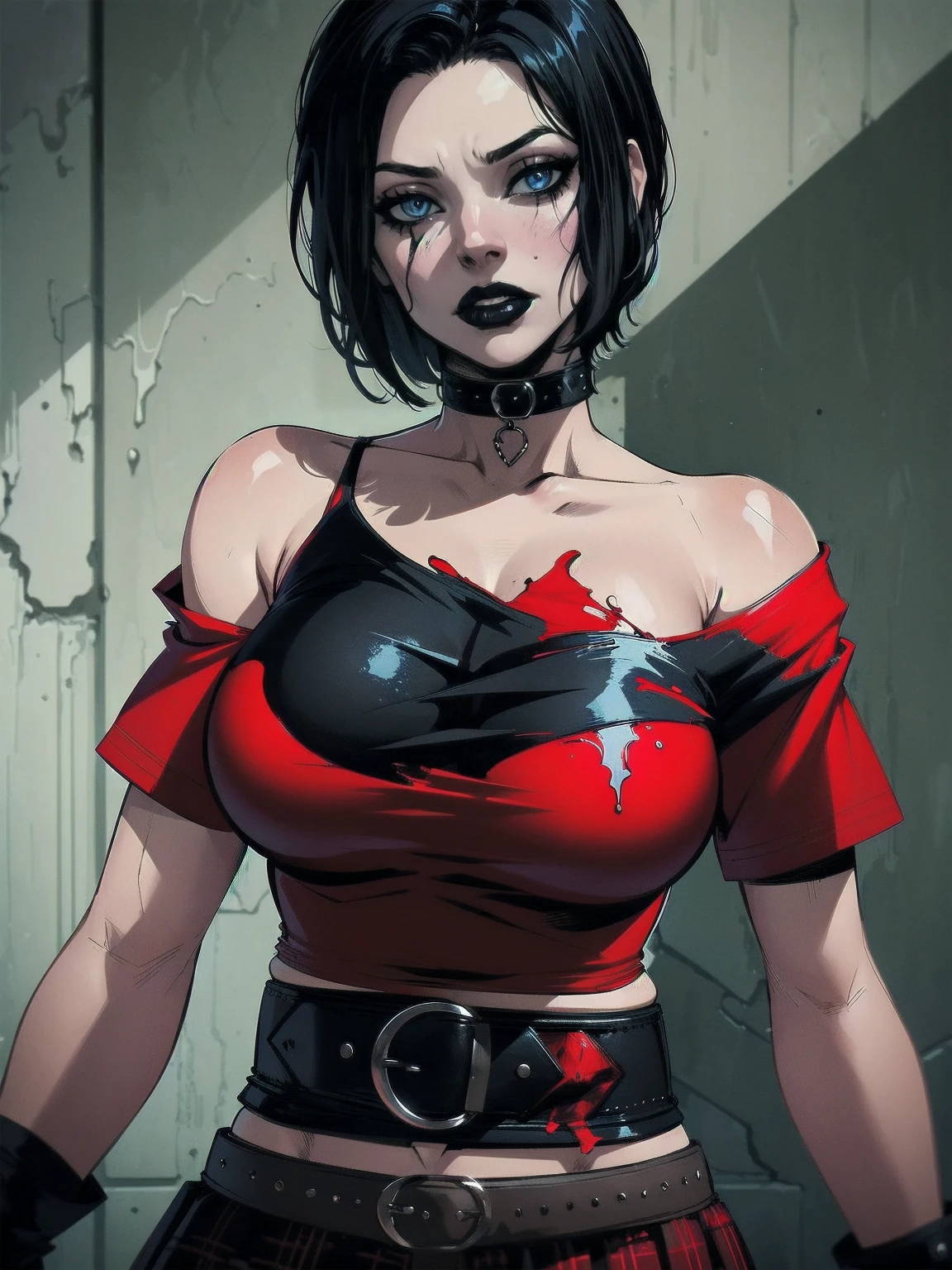 a woman with short black hair, hair on shoulders,  wearing a red cropped  and plaid skirt, blue eyes, zombie art, gothic art, cute aesthetic with vibe, toon aesthetic, wearing red costume, wearing gothic accessories, look like Cassie Hack, upper body, red background