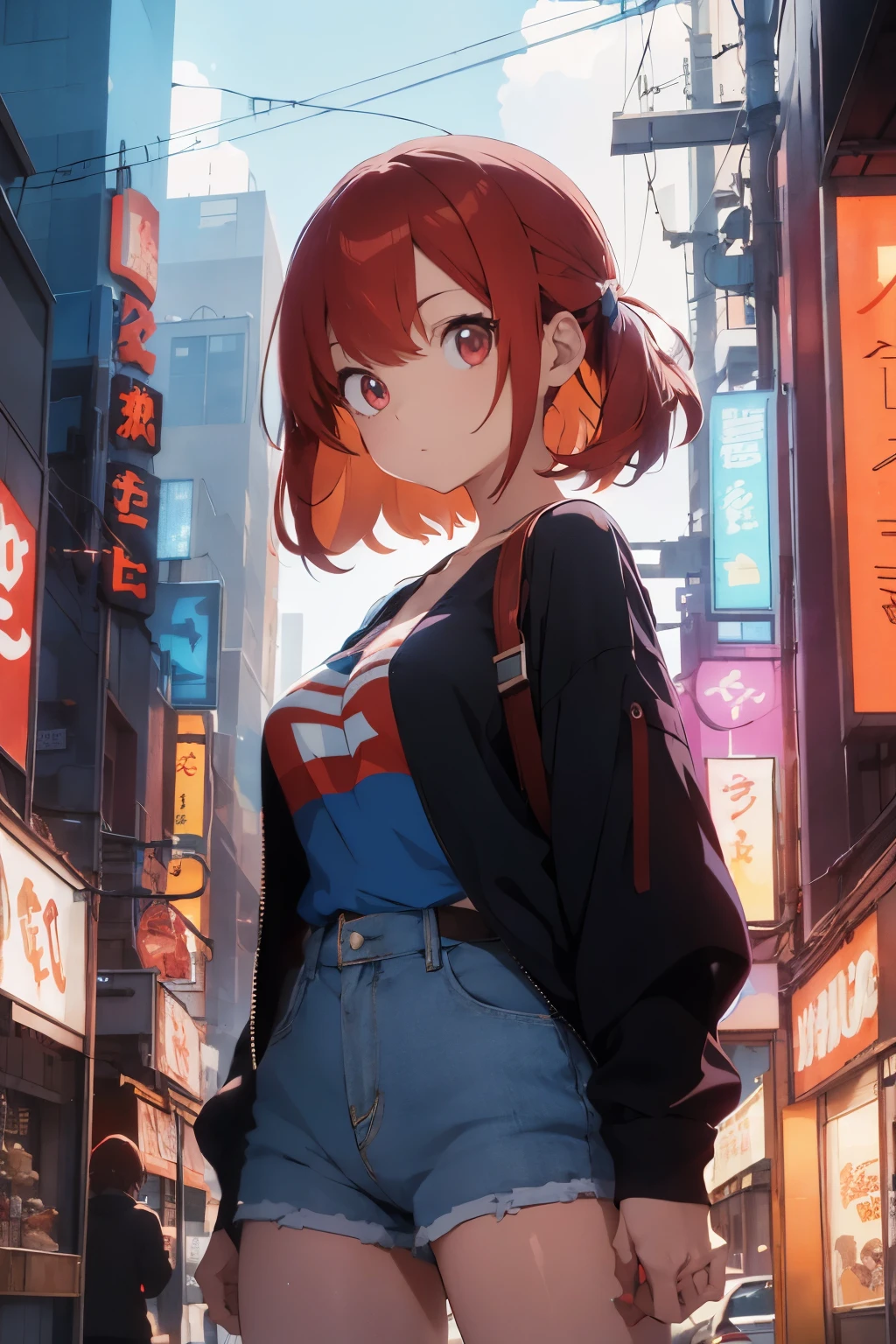  best qyality, perky tits, anime girl with red hair and blue shirt stands in front of a neon city, Anime style, seductive anime girl, lofi girl, retro anime girl, Anime style. 8k, 80s anime vibe, anime vibe, cyberpunk digital anime art, 80s anime art style, digital anime illustration, bob hairstyle, professional