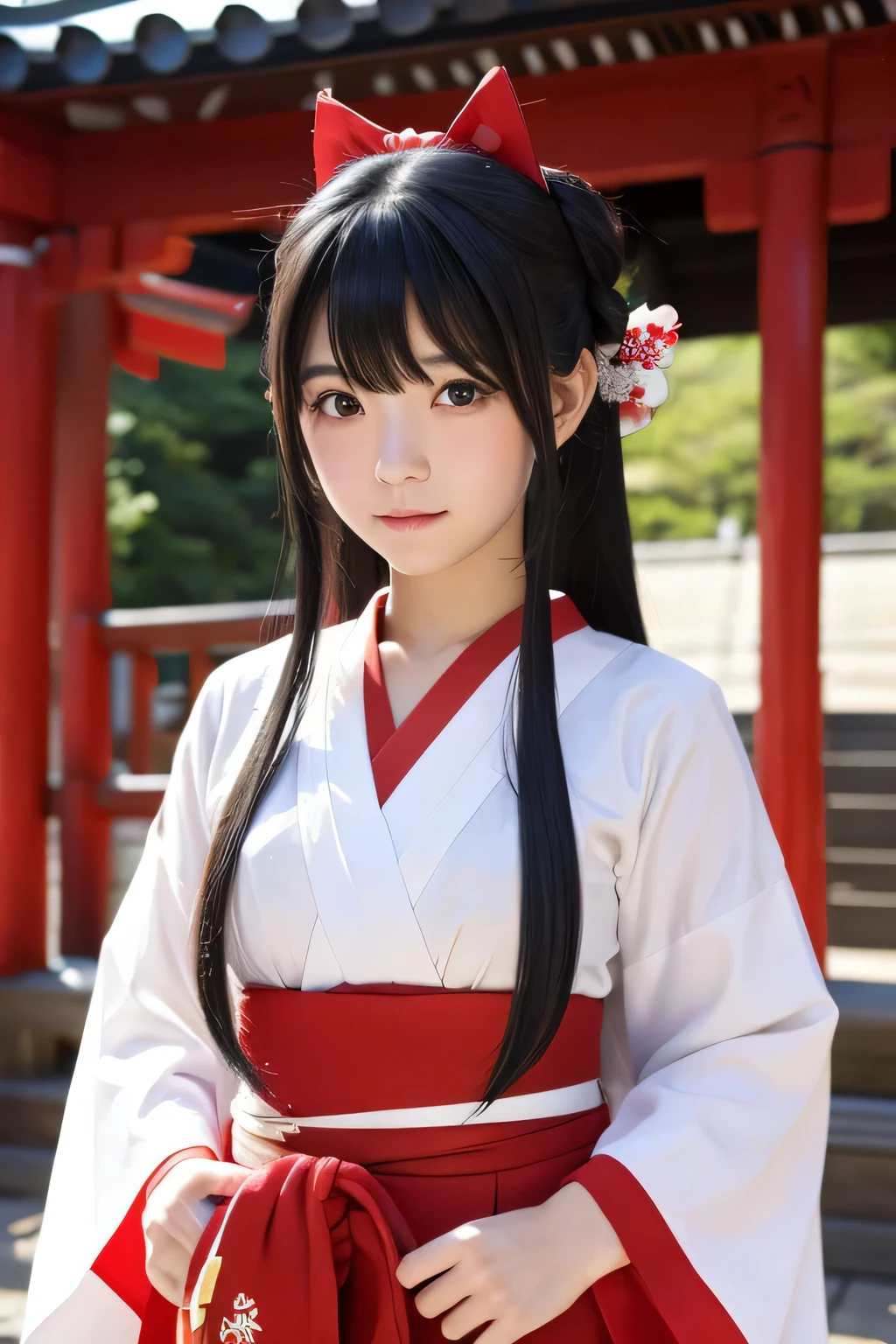shrine maiden costume、beautiful shrine maiden、Black Hair Upstyle、((whole body))、(((photo taken from below)))、Kawahara