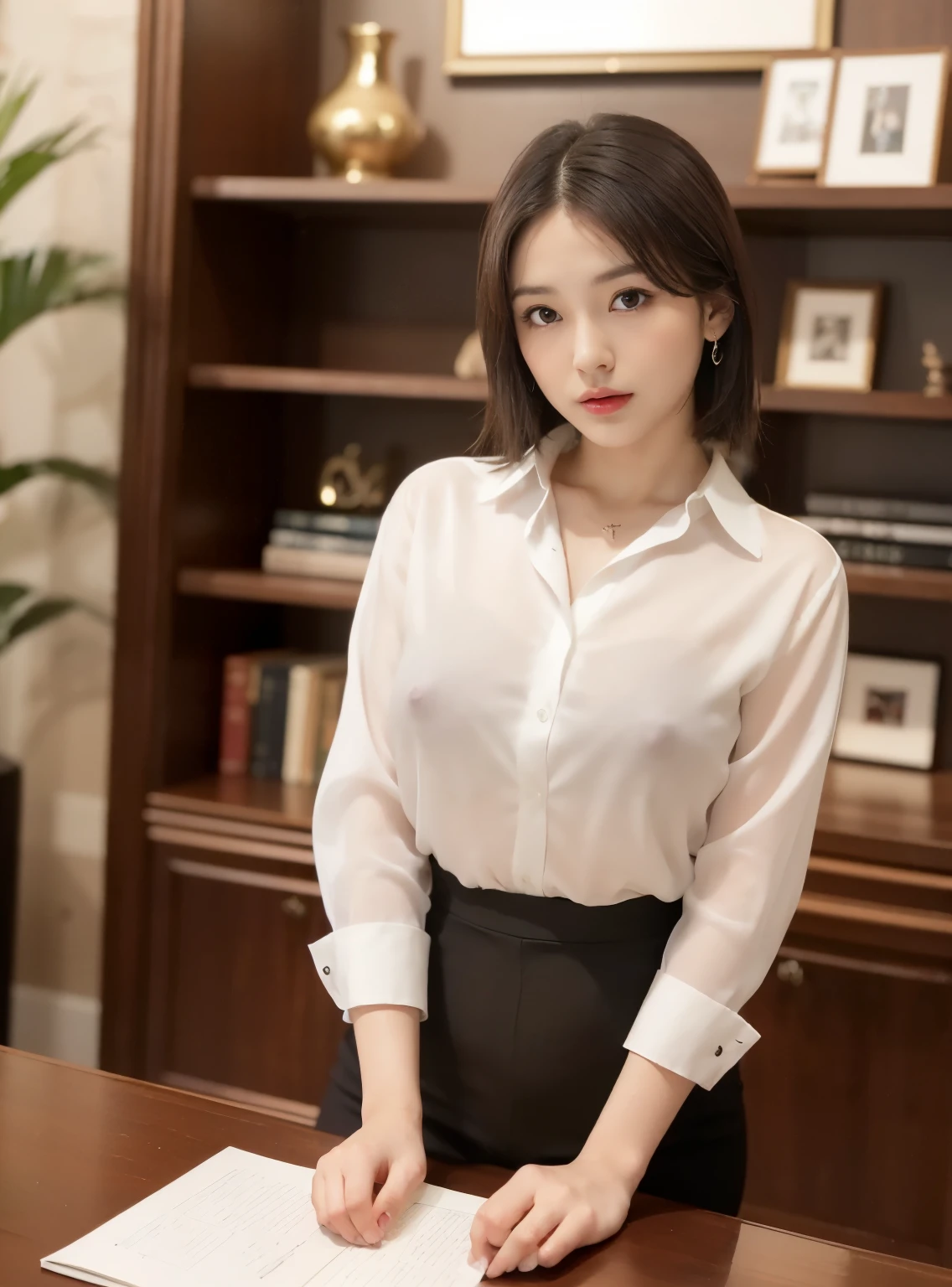 (smile)、((nipple見え))、(translucent shirt:1.2)、(In 8K、highest quality、masterpiece:1.2)、(genuine、photogenuineistic:1.37)、Super detailed、1 girl、cute、、Big eyes、beautiful detailed eyes、office、、(blush your nose)、 (perfect beautiful beautiful face:1.15)、(closed mouth)、細やかなbeautiful eyes、(skeleton shirt:1.1)、daytime、、short cut hair、、white lace、(short hair:1.5)、floating hair、body、20 year old woman、brown hair、、brown eyes、small head、((M cup fashion girl、beautiful eyes、genuine face、genuine skin、genuine-looking face、genuineな肌、fine eyes、、(No underwear:1.3)、、viewer、Look carefully at the face and chest、, see-through shirt。the tip of the chest sticks out。Areola is protruding。(The shape of the genitals is clearly visible), lots of eyelashes。black eyeshadow。bright red lips。black sexy high heels。pubic hair。The lower abdomen is bristly。thin。thighs are open。pubic hairが非常に多い。nippleは非常に突き出ています, そして繊細なbody型、dark blue suit、camel'With toes、protruding pussy_nipple