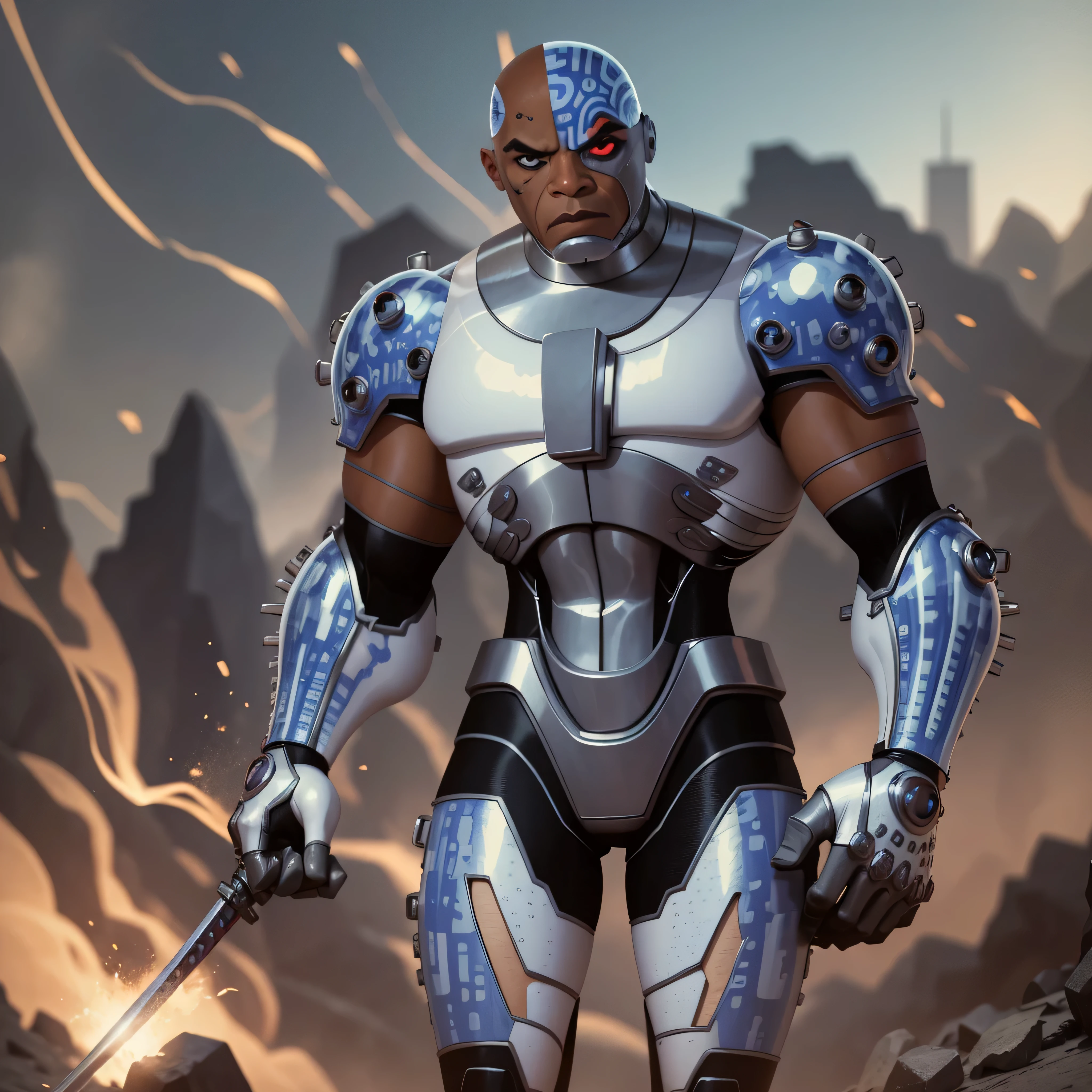 Full body image, DC Comics, Cyborg Victor Stone, black man, (((samurai armor))), photo-realistic, octane render, unreal engine, ultra-realistic