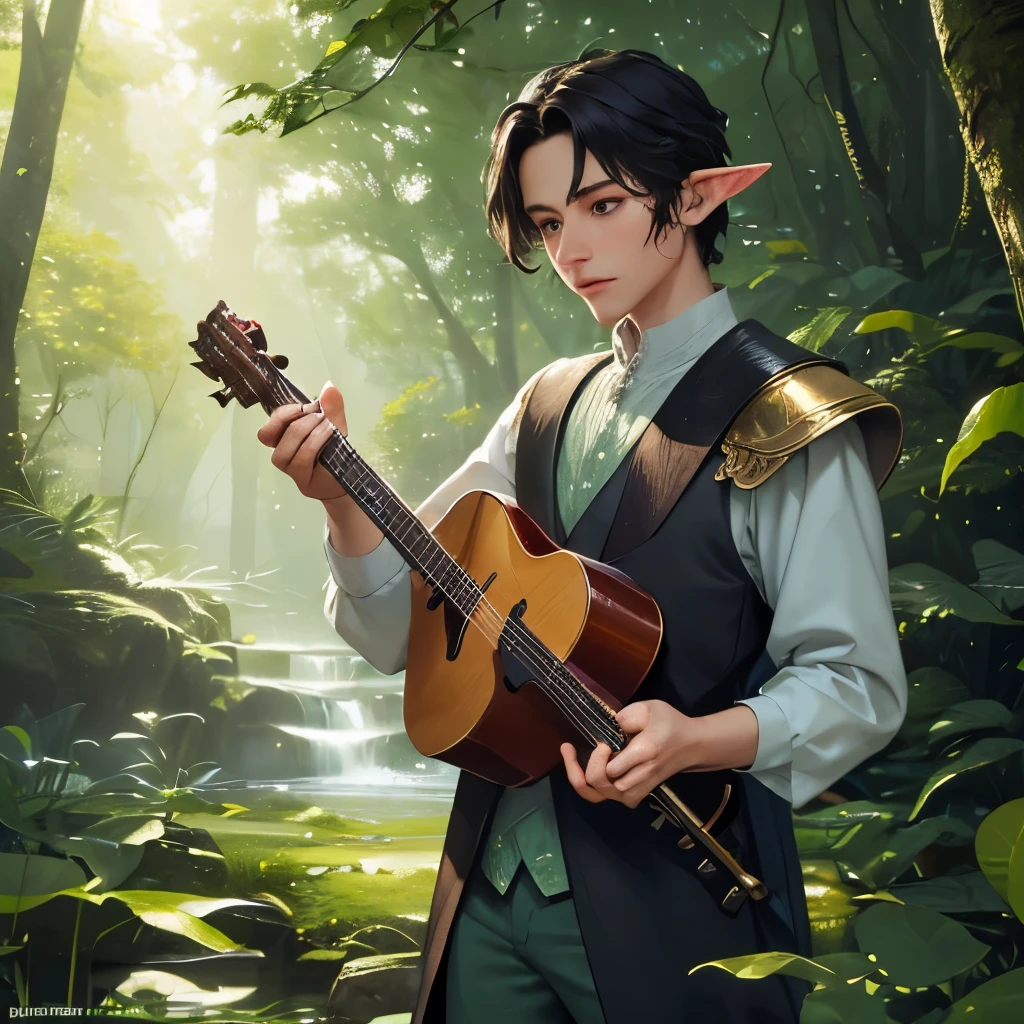 ((Masterpiece, exquisitely crafted)): A gentle man elf, aged 35, boasts short black hair and a symmetrically charming face with mesmerizing eyes. He holds a magical guitar, its strings emitting a soft, enchanting melody. Surrounded by a light green forest, he dons golden Aries armor, adding a mystical aura to his presence. The forest comes alive with bats flying overhead and butterflies shining brightly in the soft light. This scene is intricately detailed, captured in 4K or 8K resolution, with every water droplet on the leaves and every fiber in the elf's enchanted armor evident.