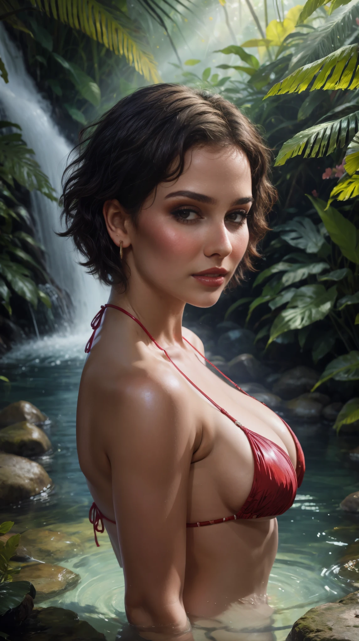 close-up portrait of a beautiful woman short hair style, bathing in a jungle waterfall, wearing red bikini top and bottom bikini, tight, (backlight), realistic, masterpiece, high quality, lens reflection, shadow, flower, [[chromatic aberration]], by Jeremy Lipking, by Antonio J. Manzanedo, digital painting,