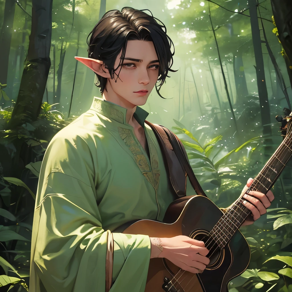 ((Masterpiece, exquisitely crafted)): A gentle man elf, aged 35, boasts short black hair and a symmetrically charming face with mesmerizing eyes. He holds a magical guitar, its strings emitting a soft, enchanting melody. Surrounded by a light green forest, he dons golden Aries armor, adding a mystical aura to his presence. The forest comes alive with bats flying overhead and butterflies shining brightly in the soft light. This scene is intricately detailed, captured in 4K or 8K resolution, with every water droplet on the leaves and every fiber in the elf's enchanted armor evident.