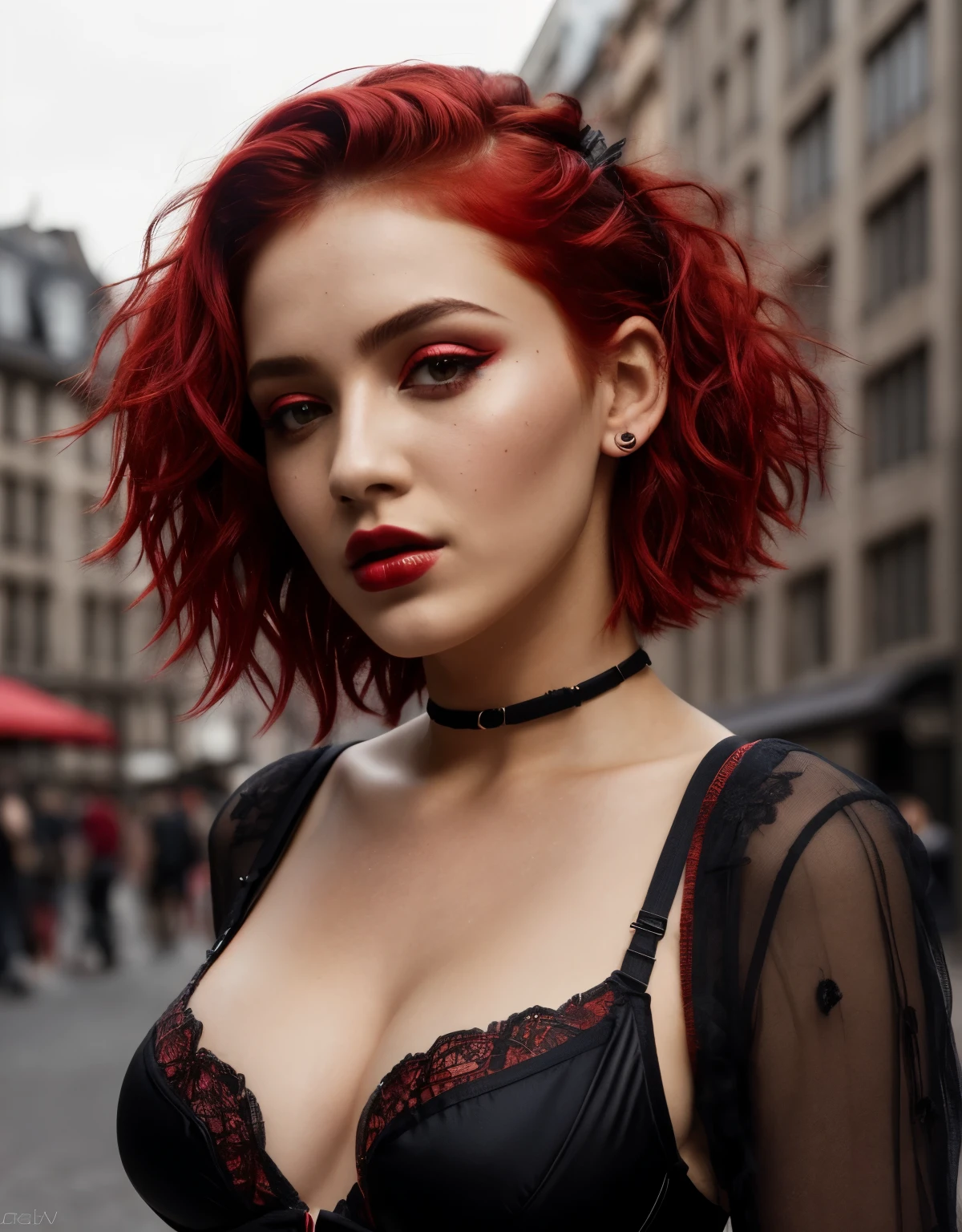 beautiful girl, short bright red disheveled hair, black eyeshadow, (street style wear:1.2), (city background:1.2), dark makeup, digital art, trending on artstation, highly detailed, fine detail, intricate, beautiful detailed glow, detailed, Cinematic light, highres, detailed facial features, sharp focus, smooth, aesthetic, perky breasts, bum, legs, lingerie